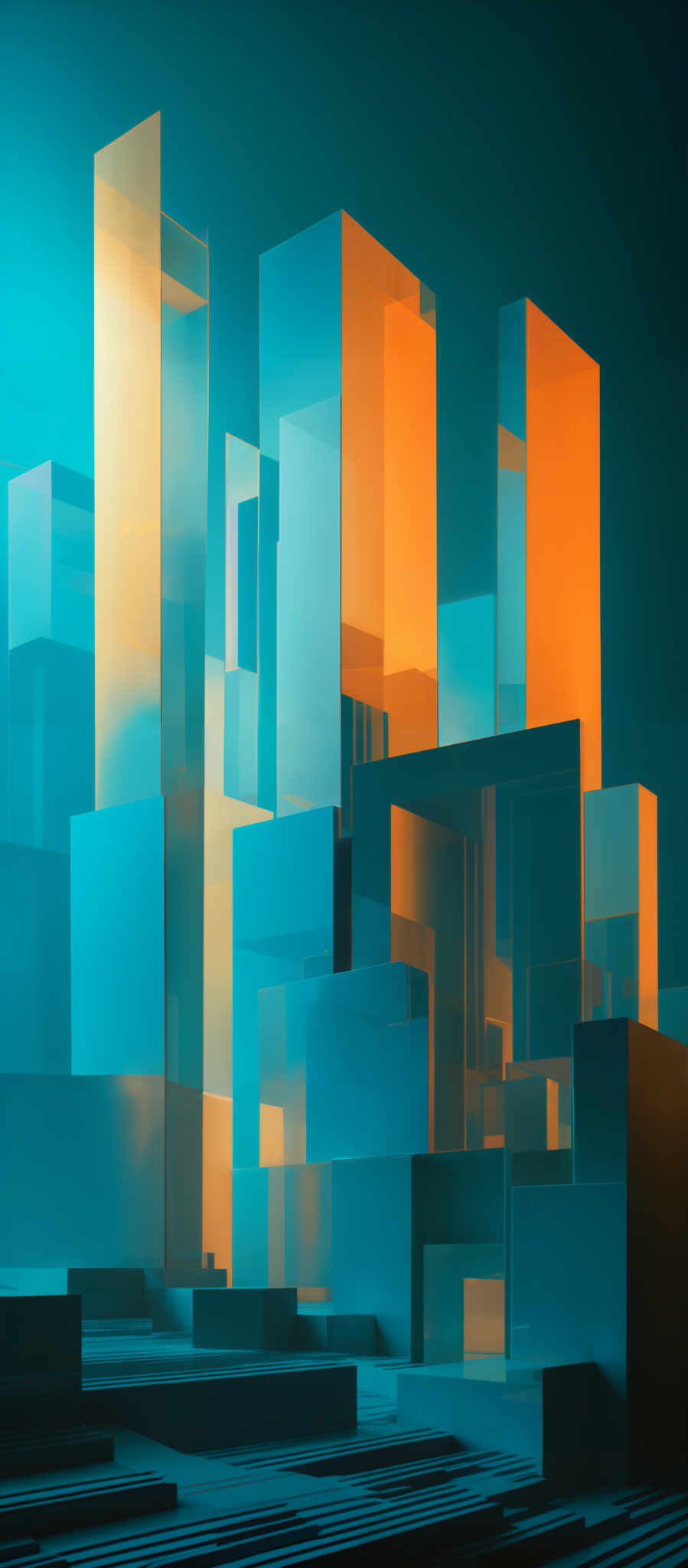 The image showcases a 3D digital artwork of abstract structures. The dominant colors are shades of blue and orange. The structures are made up of rectangular and cubic blocks, some of which are transparent, allowing the blue background to show through. The blocks are of varying sizes and are stacked in different orientations, creating a dynamic and modern cityscape.