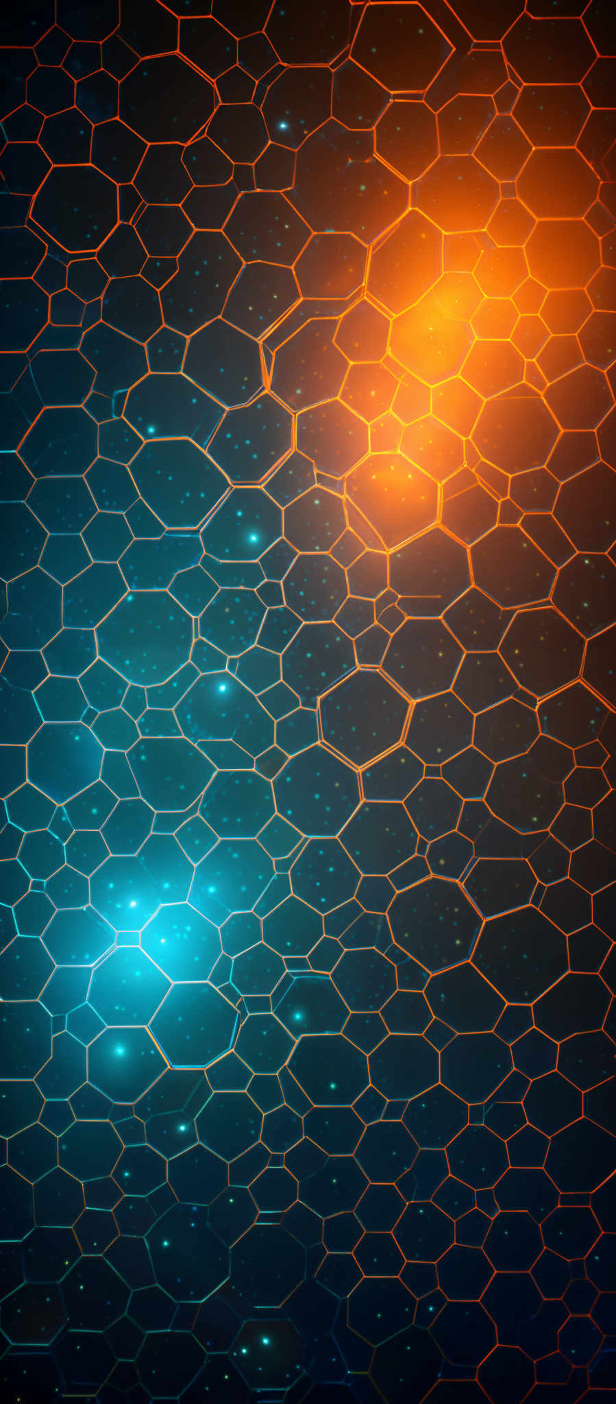 The image showcases a hexagonal pattern interconnected with lines. The hexagons are outlined in a bright orange color, and they are set against a backdrop of a deep blue space filled with stars. The interconnected lines give a sense of depth and three-dimensionality to the image, making it appear as though the hexagones are floating in space.