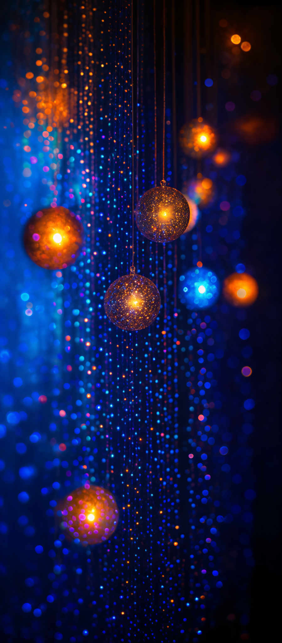 The image showcases a vibrant and mesmerizing display of lights. The predominant colors are deep blues and radiant oranges. The lights appear to be spherical in shape, emitting a warm glow. They are suspended, giving the impression of being part of a grand decoration or installation. The background is filled with a myriad of smaller lights, creating a bokeh effect that adds depth and dimension to the scene.