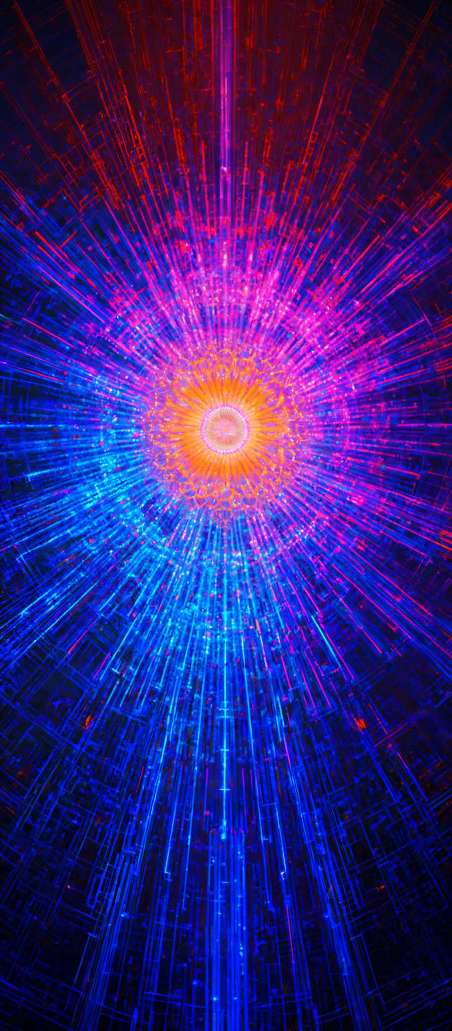 The image showcases a vibrant explosion of colors, predominantly featuring hues of blue, pink, and orange. The central focus is a radiant circle emitting a bright glow, surrounded by a pattern of concentric circles and lines that radiate outwards. The overall effect is reminiscent of a digital or cosmic explosion, with the colors and patterns creating a sense of depth and movement.