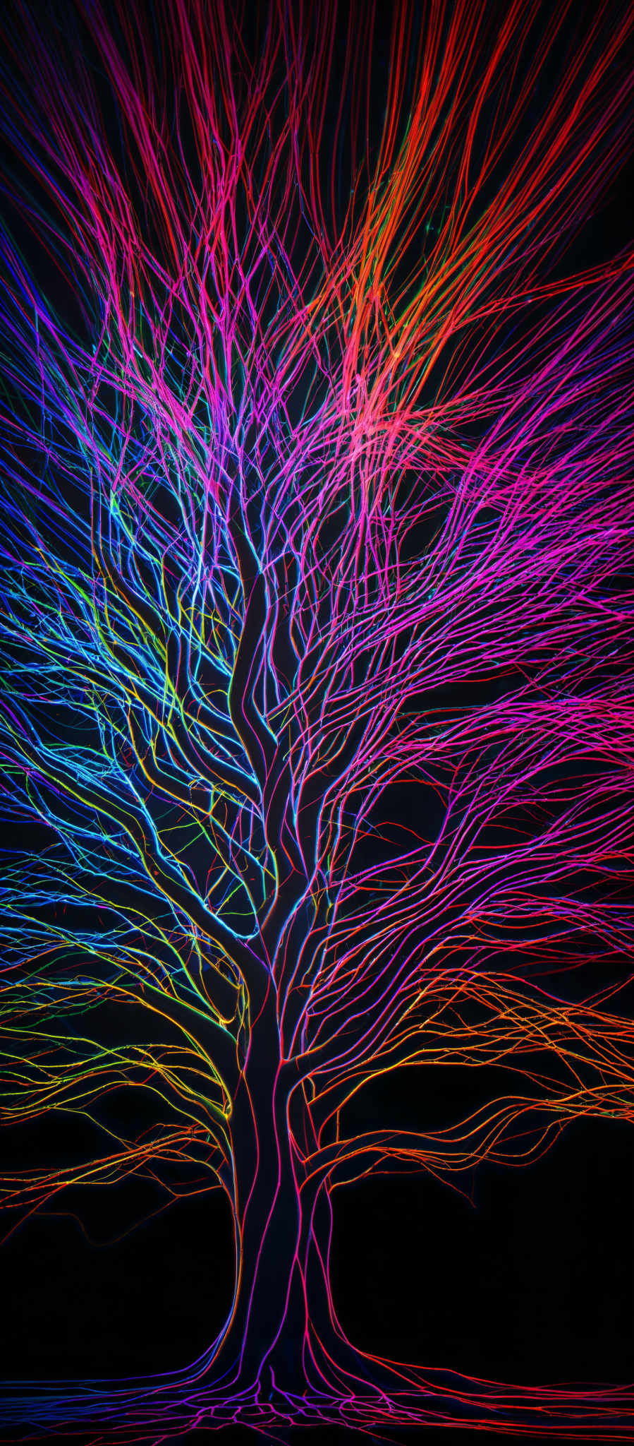 The image showcases a vibrant and intricate tree with neon-like branches. The branches radiate outwards in a myriad of colors, including shades of blue, pink, orange, and yellow. The tree's silhouette is dark, making the brightly colored branches stand out prominently. The overall effect is reminiscent of a digital or artistic representation of a tree, possibly symbolizing growth, diversity, or energy.