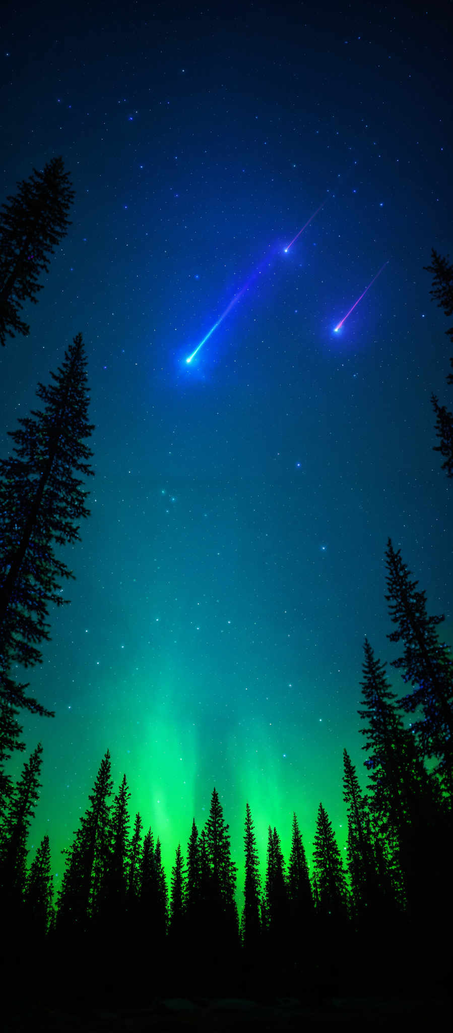 The image showcases a night sky filled with stars and a vibrant display of the Northern Lights, also known as the Aurora Borealis. There are three prominent meteor-like streaks, one of which is brighter than the others, suggesting it might be a shooting star or a comet. The colors in the sky transition from deep blue at the top to a radiant green near the horizon. The silhouette of a dense forest of pine trees is visible at the bottom, adding depth and contrast to the scene.