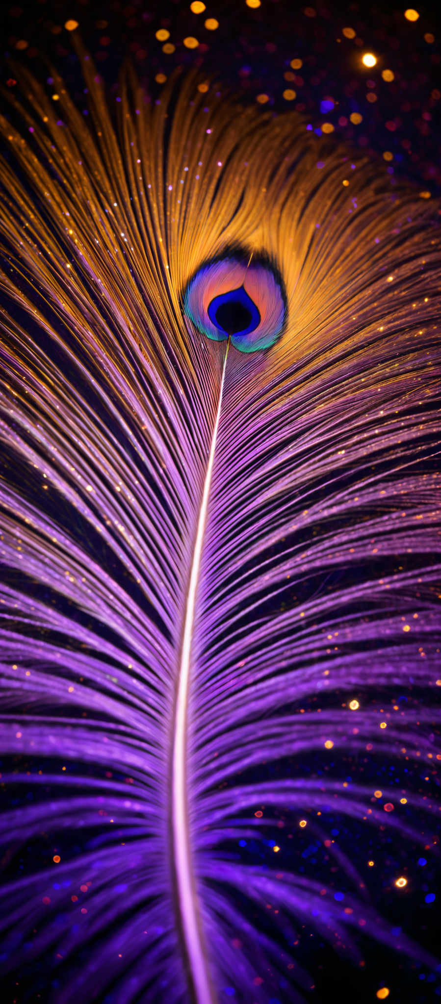 The image showcases a vibrant and intricate feather, predominantly in shades of purple and gold. The feather's shape is elongated and slender, with a prominent eye-like pattern at its center. This eye-shaped pattern is surrounded by a radiant hue of blue and is accentuated by a golden streak running vertically down the feather. The background is a mesmerizing blend of deep purples and blues, dotted with tiny, glowing specks that resemble stars or distant galaxies.