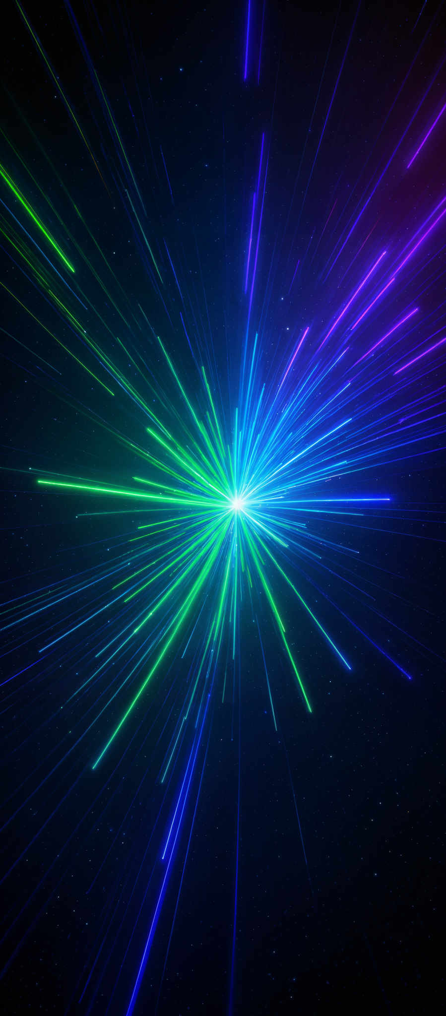 The image showcases a vibrant and dynamic visual of colorful streaks radiating outwards from a central point. The colors range from deep blues and purples at the outer edges to bright neon greens and pinks at the center. The streaks appear to be moving at high speeds, creating an effect of a burst or explosion. The background is dark, possibly representing a night sky or space, with tiny specks that could be interpreted as distant stars.