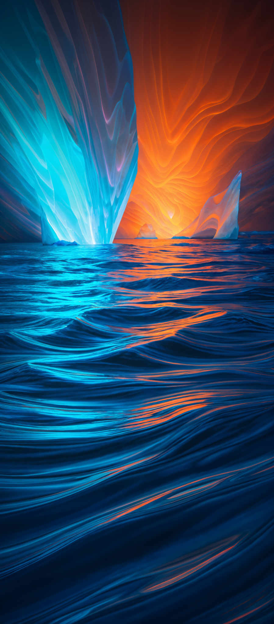 The image showcases a vibrant and mesmerizing scene of what appears to be a body of water reflecting the sky. The sky is painted with swirling patterns of blue and orange, reminiscent of a sunset or sunrise. The water below mirrors these colors, with the blue shades representing the sky and the orange shades reflecting a fiery glow. The waves in the water have a smooth texture, and the overall ambiance of the image is serene and dreamy.