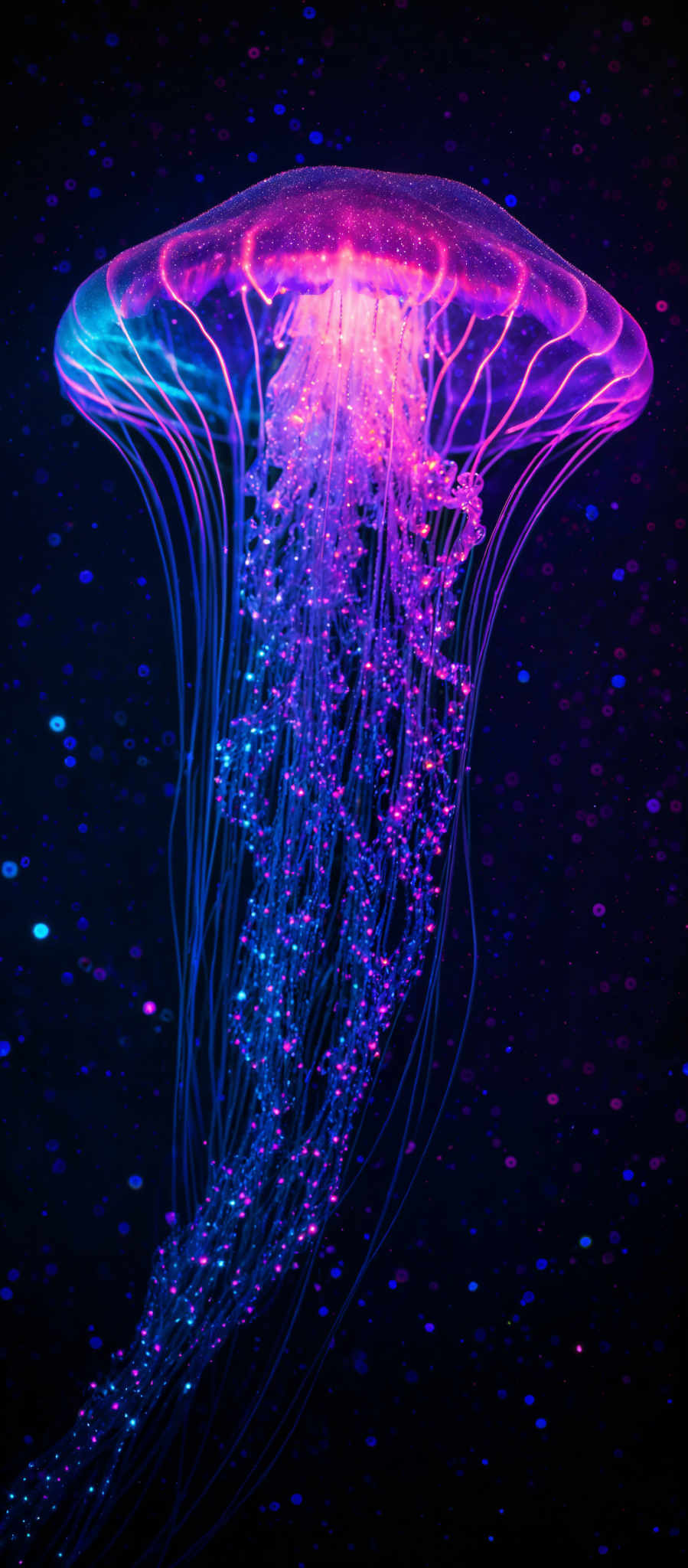 The image showcases a vibrant and mesmerizing jellyfish. It has an elongated, dome-shaped bell with translucent, delicate tentacles trailing below. The tentacles are illuminated with a radiant mix of pink, blue, and purple hues, giving them a luminescent appearance. The background is dark, with tiny specks of light, possibly representing stars or other celestial bodies, adding to the ethereal ambiance of the scene.