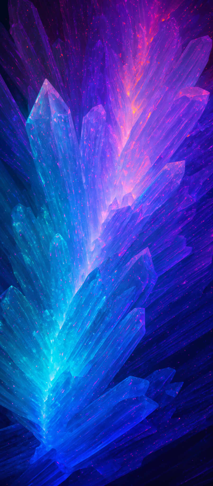 The image showcases an intricate and vibrant design of crystalline structures. These structures are elongated and fan out in a radial manner, resembling the petals of a flower. The colors range from deep blues and purples at the top to lighter blues, teals, and hints of pink towards the bottom. The crystals are adorned with tiny speckles that give them a sparkling appearance. The overall effect is reminiscent of a cosmic or celestial theme, with the crystalls emitting a luminescent glow.