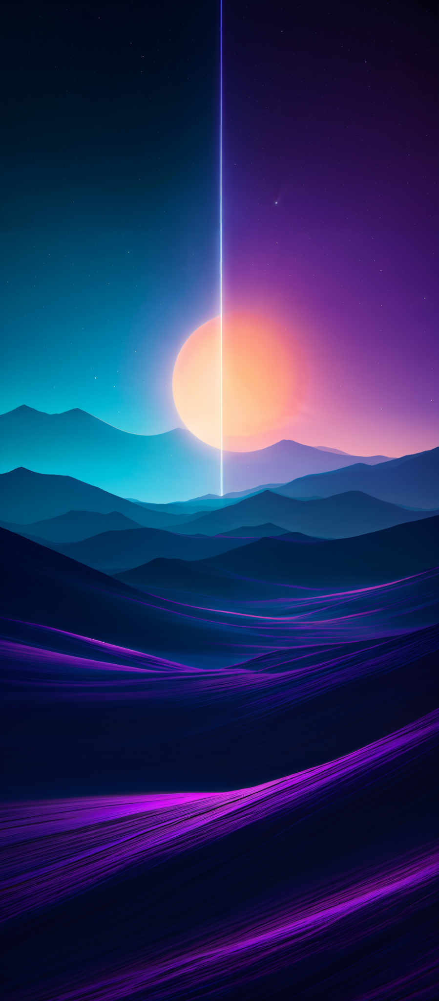 The image showcases a vibrant and surreal landscape. The dominant colors are shades of blue, purple, and orange. The landscape features rolling hills or dunes with a bright, almost glowing, sun or moon positioned in the center. A vertical beam of light cuts across the image, dividing it into two contrasting halves. The sky above is filled with stars, and there's a small celestial body, possibly a planet or a moon, visible to the right. The overall ambiance of the image is serene, yet mysterious.