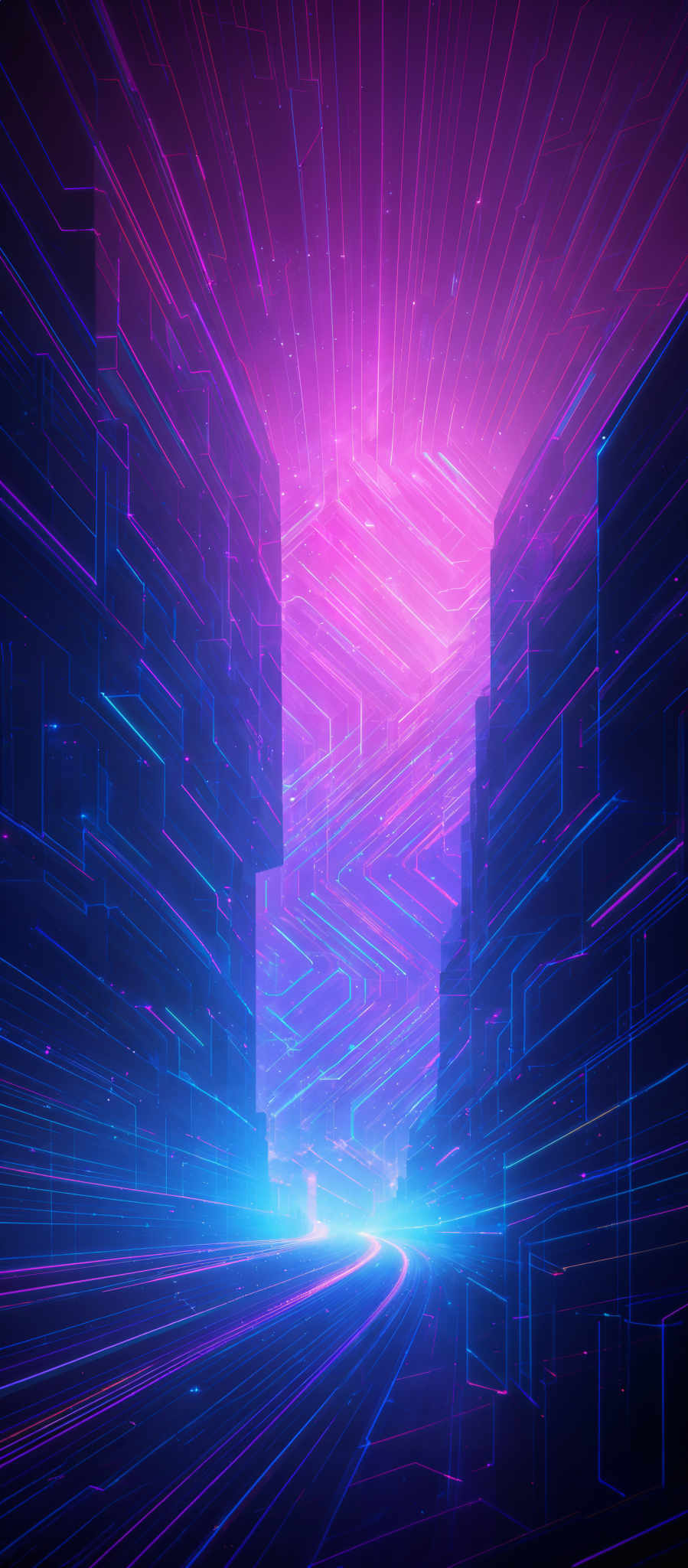 The image showcases a vibrant digital landscape with a predominant use of neon colors. The dominant colors are shades of pink, blue, and purple. The shape is reminiscent of a cybernetic or digital environment, with intricate patterns of lines and curves forming a maze-like structure. The central part of the image has a bright, glowing orb or light source, emitting a radiant pinkish hue. The entire scene gives off a futuristic, cyberpunk vibe, reminisccent of digital realms or virtual worlds.