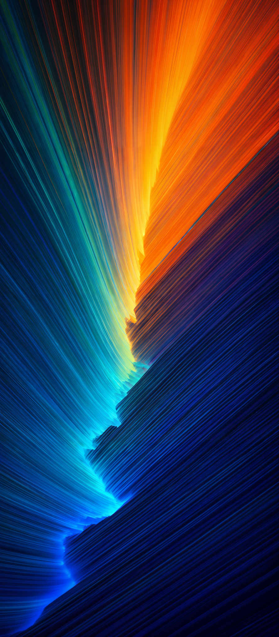 The image showcases a vibrant and dynamic visual of flowing lines or strands. These strands transition from a deep blue at the top, gradually moving to a bright orange and then a deep red at the bottom. The flow of the strands gives a sense of movement, almost as if they are cascading or swirling. The shape is reminiscent of a wave or a fluid motion, with the colors representing different intensities or emotions.