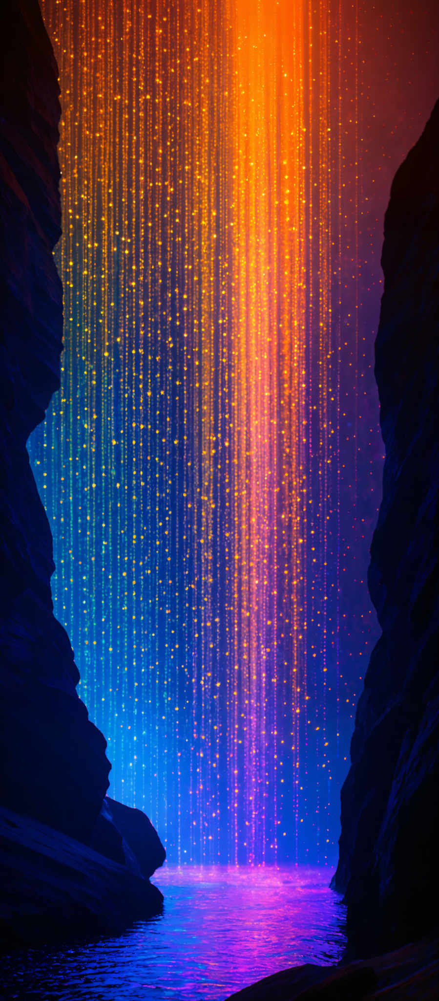 The image showcases a breathtaking scene of a cascading waterfall amidst a canyon. The waterfall is illuminated with a vibrant mix of colors, predominantly shades of orange, pink, and purple, giving it a luminous and ethereal appearance. The cascades of water are interspersed with numerous glowing particles or lights, adding to the magical ambiance. The canyons on either side are dark, contrasting sharply with the luminance of the waterfall. The base of the canyondown has a serene body of water reflecting the colors of the cascade.