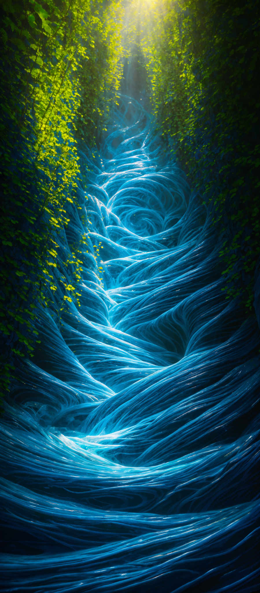 The image showcases a mesmerizing and intricate pattern of blue and turquoise strands that resemble flowing water or tendrils. These strands weave and intertwine, creating a pathway that seems to lead deeper into the forest. The forest is dense with lush green foliage, with sunlight filtering through the canopy, casting a soft glow on the scene. The overall effect is both serene and mysterious, as if one is walking through an enchanted forest.