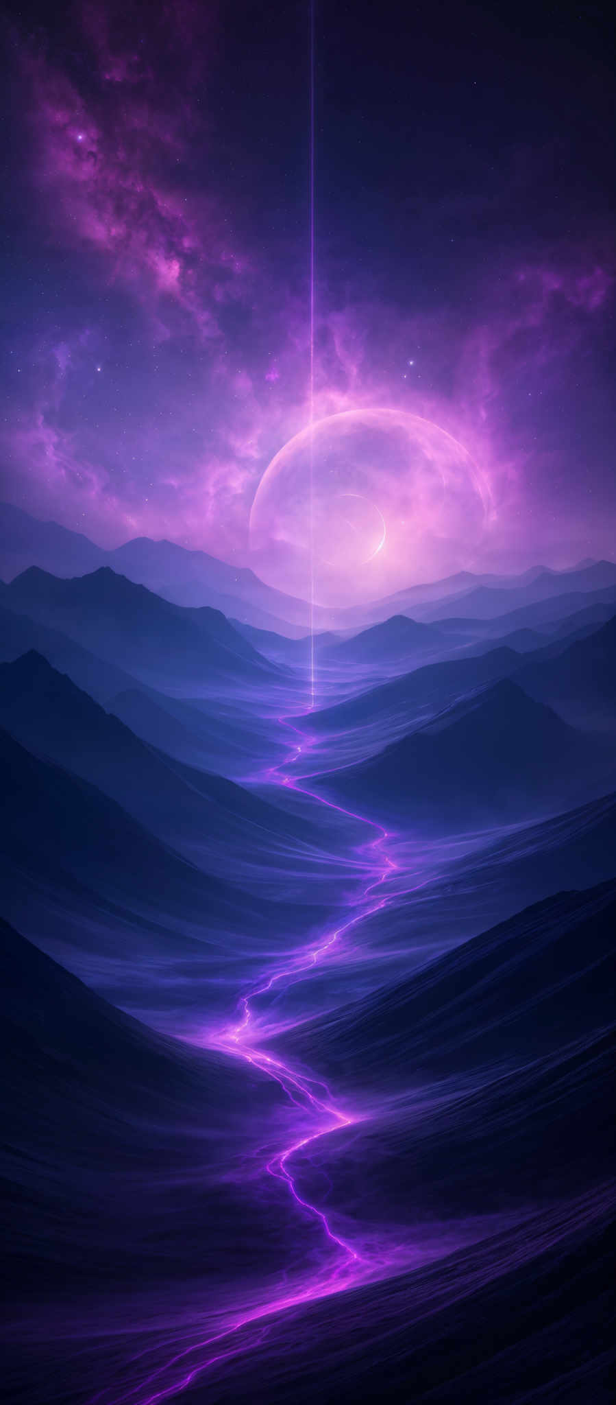 The image showcases a vast, ethereal landscape with rolling hills and mountains. The sky is dominated by hues of purple, pink, and blue, with a radiant beam of light piercing through the clouds. The ground is illuminated with a vibrant, neon-blue streak that seems to flow from the top of the image downwards, creating a pathway or river of light. The overall ambiance is surreal, with the celestial backdrop and the luminescent pathway giving the scene a dreamlike quality.