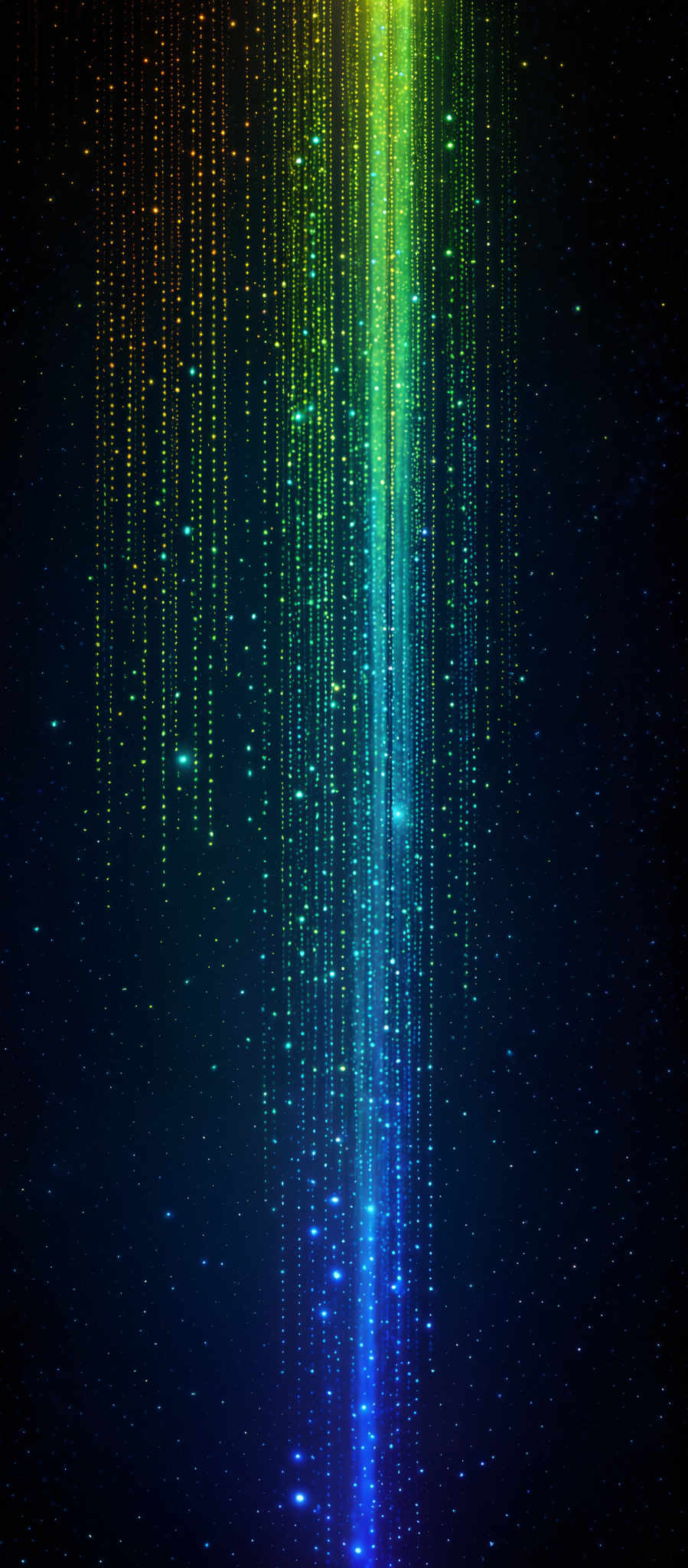 The image showcases a vibrant and colorful display of vertical streaks, reminiscent of rain or a waterfall, cascading downwards. These streaks transition from a deep blue at the top to a luminous yellow at the bottom. The background is a deep, starry space, adding to the ethereal and cosmic feel of the image, with numerous small white dots representing distant stars.