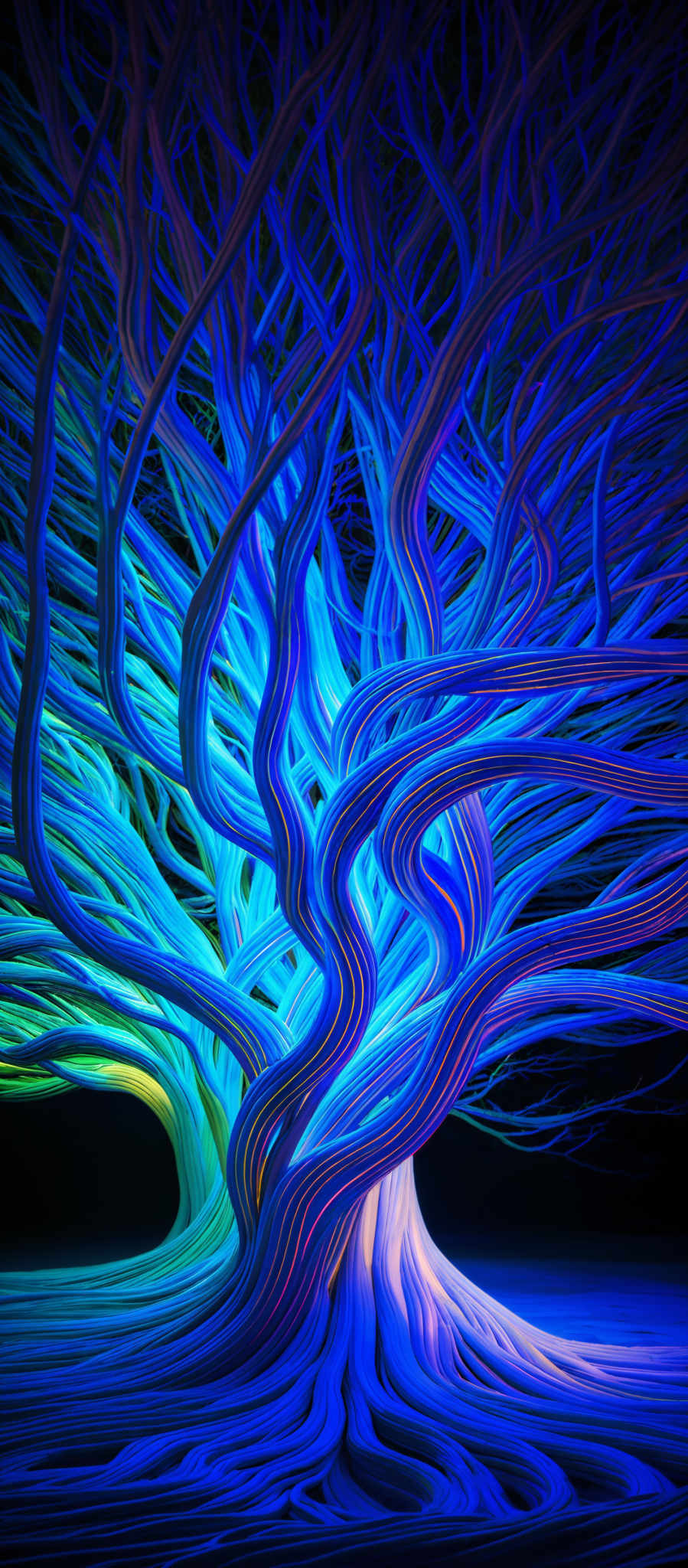 The image showcases a vibrant and intricate design of intertwined wires or tendrils that radiate outwards. These tendrills are illuminated in a spectrum of colors, including deep blues, bright neon greens, and fiery oranges. The shape is reminiscent of a tree or a web, with the tendrill roots and branches extending outwards in a complex and overlapping pattern. The overall effect is both mesmerizing and dynamic, giving the impression of a living, pulsing entity.