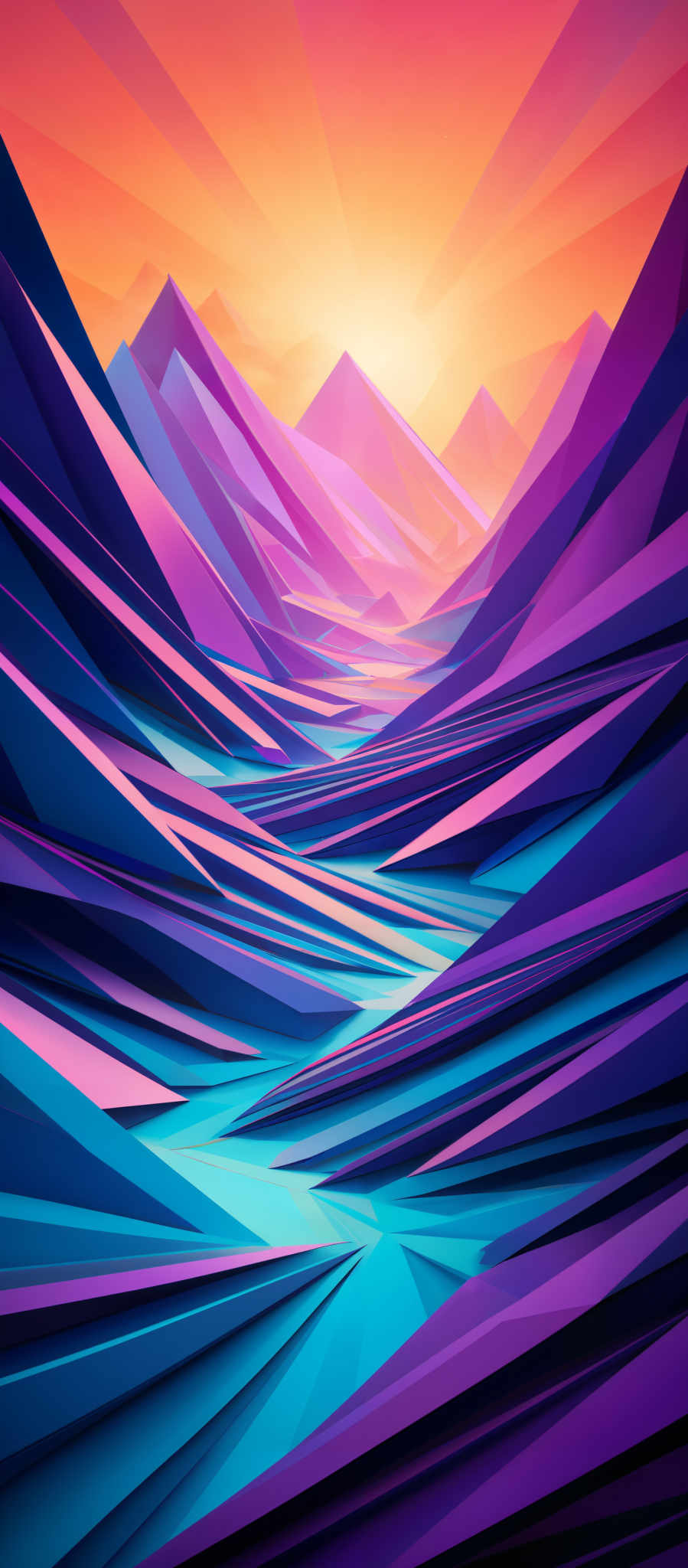 The image showcases a vibrant and dynamic digital artwork. It features a series of layered, geometric shapes that resemble mountains or waves, with a gradient of colors ranging from deep purples and blues to bright pinks and oranges. The topmost section has a radiant sunset or sunrise, casting a warm glow over the scene. The middle and lower parts of the image have cooler tones, with the waves or mountains appearing to flow or recede into the distance.