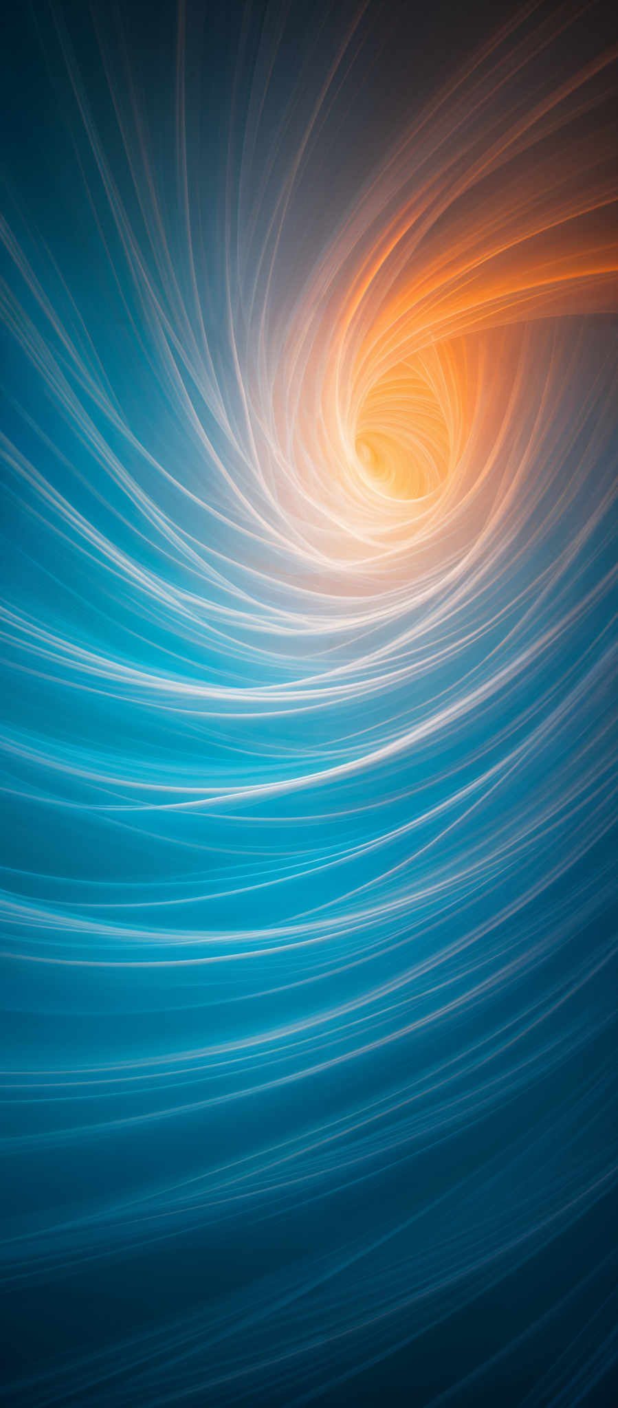 The image showcases a vibrant swirl of colors. At the center, there's a bright, fiery orange-yellow hue, reminiscent of a sun or a flame. This is surrounded by a spiraling pattern of blue and white streaks, which give the impression of flowing water or swirling winds. The overall shape is reminisccent of the vortex or whirlpool seen in nature, with the central brightness drawing everything towards it.