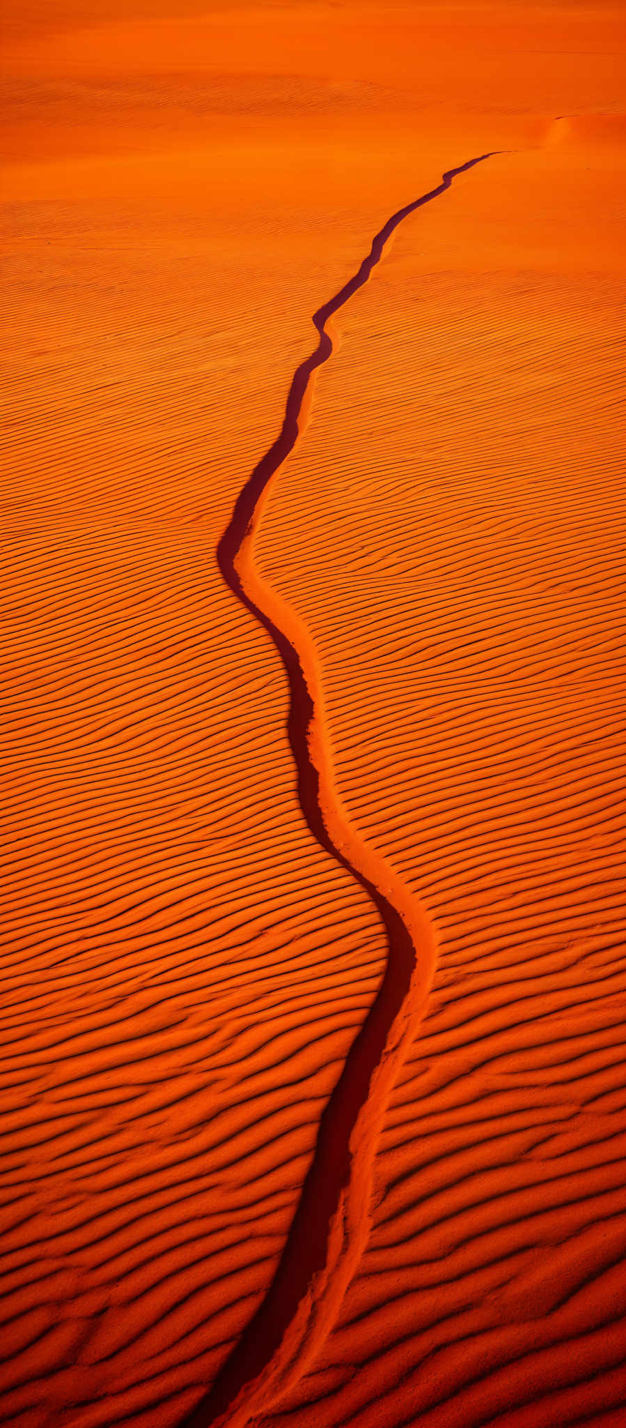 The image showcases a vast expanse of sand dunes with a dominant orange hue. A prominent winding path or trail, possibly created by some form of movement or wind, cuts through the dunes, leading the viewer's eye from the foreground to the horizon. The dunes exhibit intricate patterns, likely formed by the consistent shifting of sand due to wind.