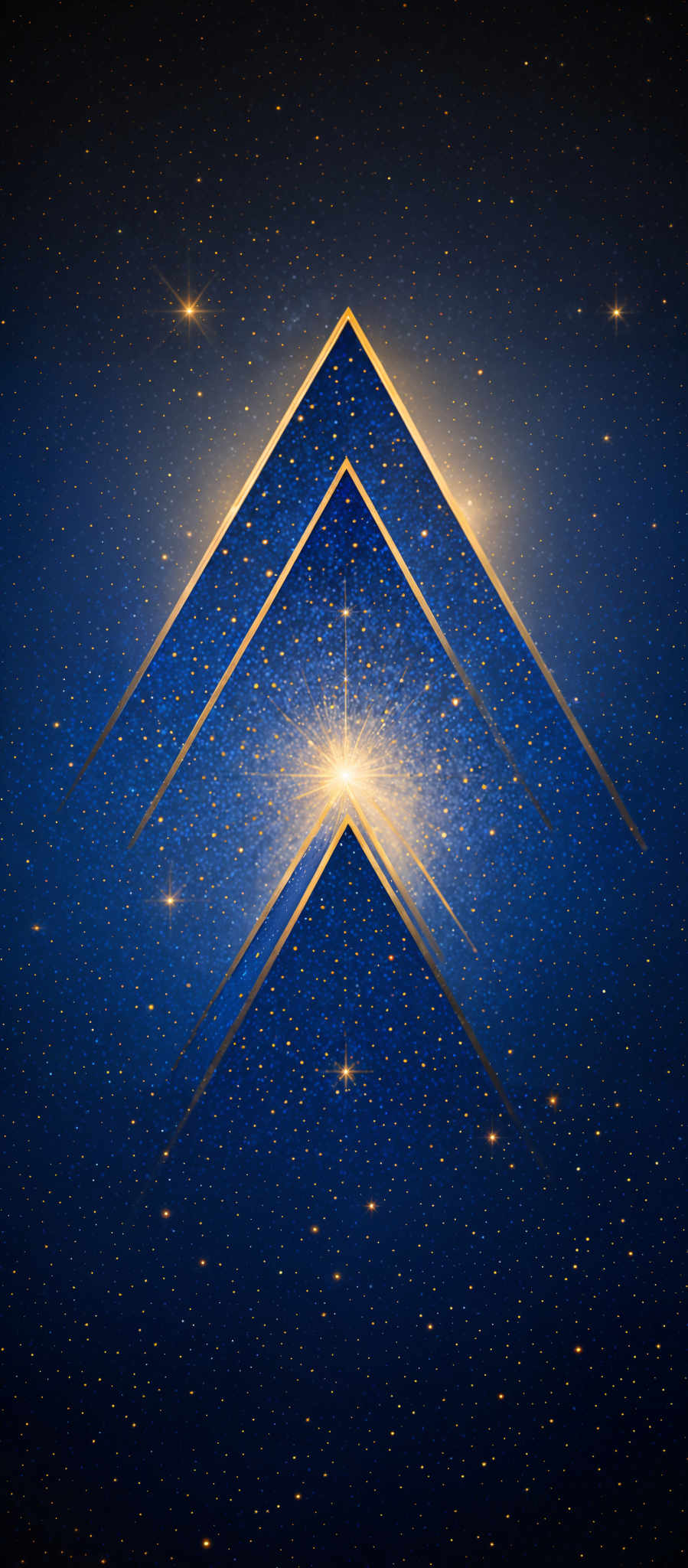 The image predominantly features a deep blue background dotted with numerous golden stars. In the center, there are three stylized, upward-pointing triangular shapes, each with a radiant glow emanating from their apex. The triangles are outlined with a golden hue, contrasting beautifully with the deep blue backdrop.