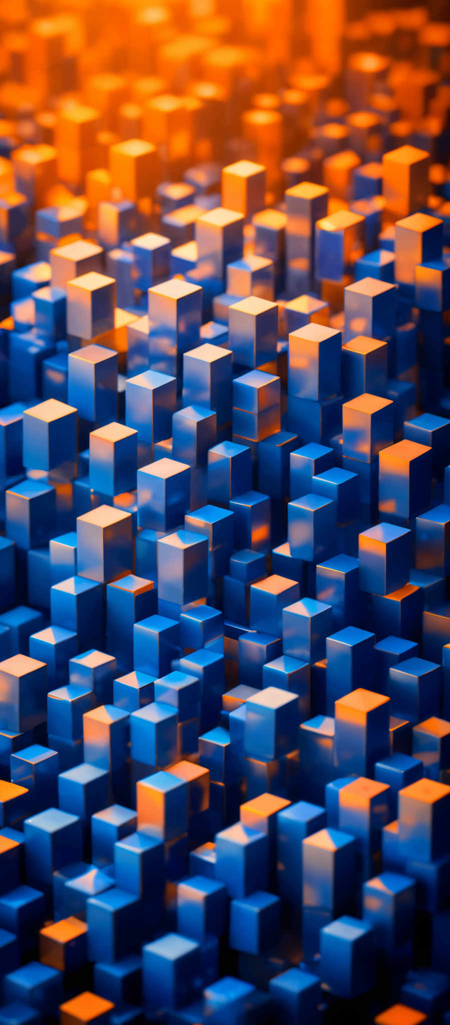 The image showcases a 3D arrangement of cubes. The cubes are of varying sizes and are uniformly colored in shades of blue. The background has a gradient effect transitioning from a deep blue at the top to a warm orange at the bottom, creating a contrast between the cool and warm tones.