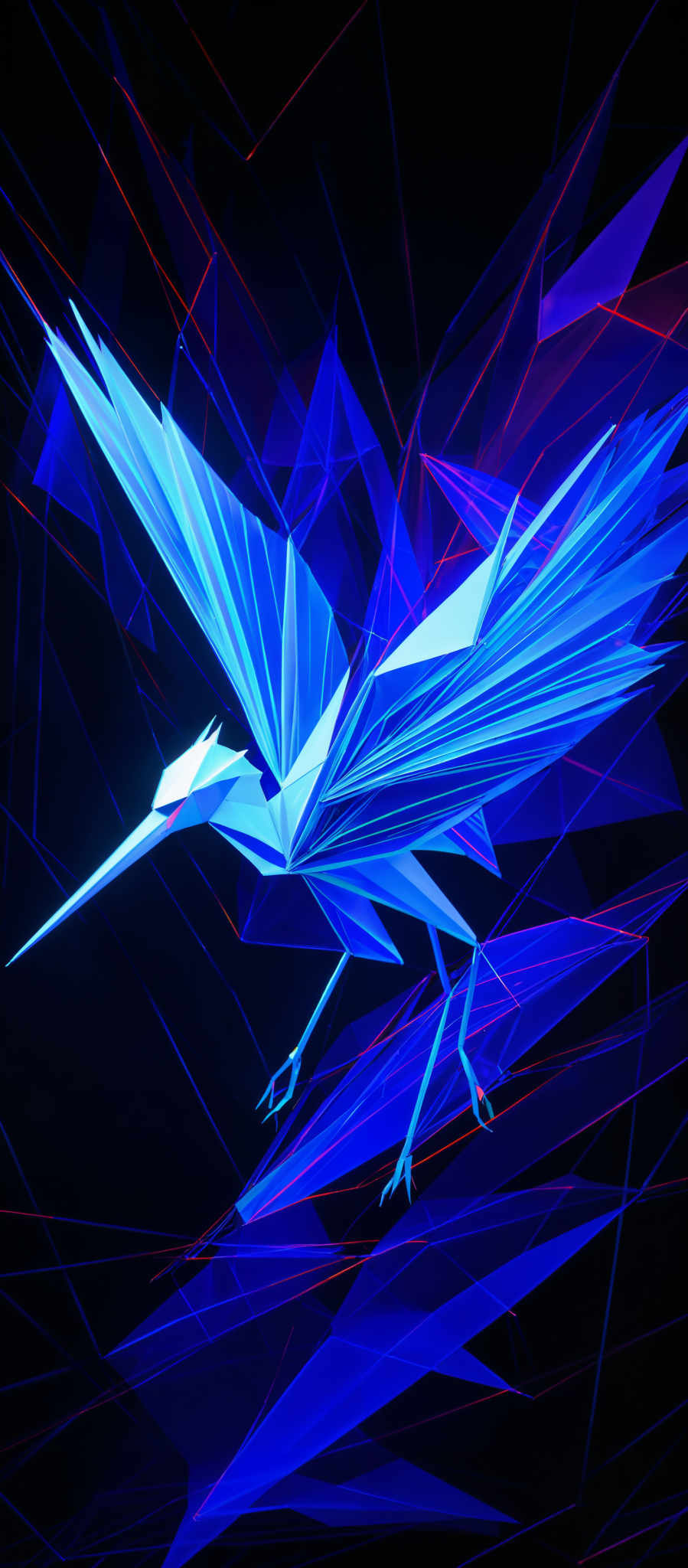 The image showcases a vibrant and dynamic digital artwork. It predominantly features a bird, possibly a stylized version of a crane or heron, rendered in a geometric, polygonal style. The bird is depicted in shades of blue and white, with its wings spread wide, showcasing intricate detailing. The background is a burst of neon colors, predominant in shade of blue, interspersed with streaks of red and white. The entire composition gives off a futuristic, digital vibe, reminiscent of a cyberpunk aesthetic.