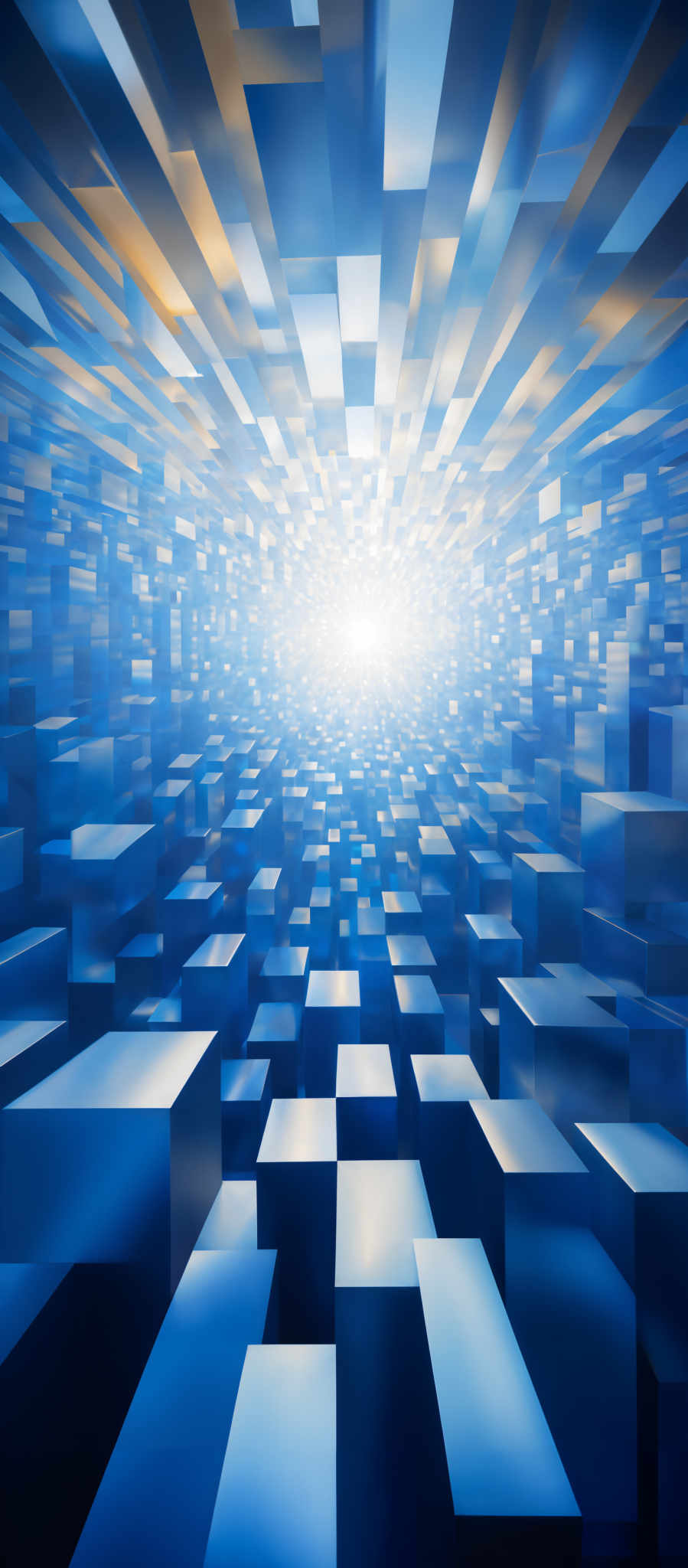 The image showcases a vibrant and dynamic digital artwork. It predominantly features a myriad of blue and gold hues. The central theme is a series of interconnected rectangular blocks, extending outwards in a radial pattern, converging towards a bright light at the center. The perspective creates a sense of depth, with the blocks appearing to recede into the distance. The light emanating from the center casts a radiant glow, illuminating the surrounding blocks and adding a sense dimension and movement to the artwork, as if the blocks are in motion or floating.