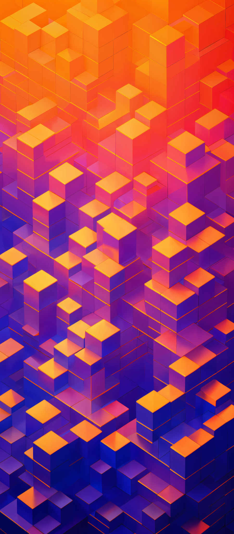 The image showcases a 3D digital artwork with a gradient of colors ranging from deep purples to vibrant oranges. The primary shape is a series of cubes stacked upon each other, creating a sense of depth and dimension. The cubes vary in size, with some appearing closer to the viewer and others receding into the background. The gradient effect is achieved by transitioning from one color to another, creating an illusion of a sunset or sunrise.