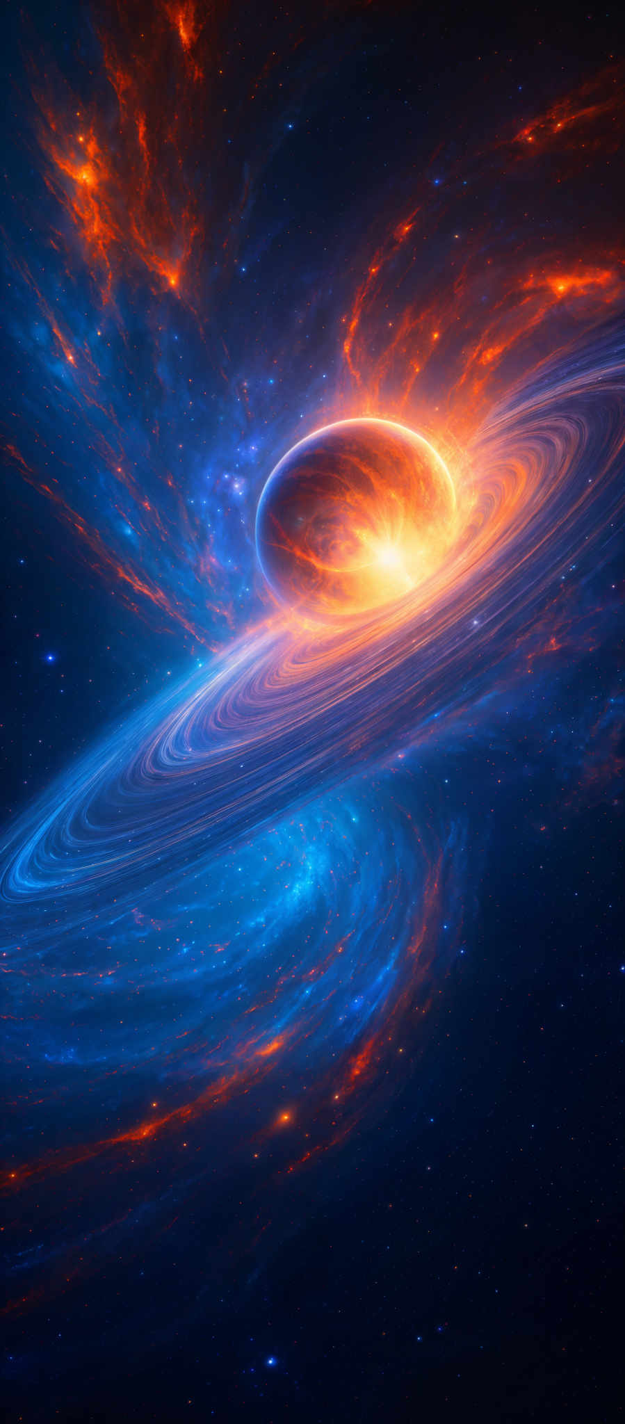 The image showcases a mesmerizing cosmic scene. Dominating the center is a radiant planet with swirling patterns of fiery orange and deep blue, suggesting intense heat and energy. Surrounding the planet are swirled patterns of cosmic gas and dust, painted in hues of blue, orange, and white. These patterns give the impression of a galaxy or nebula in motion. The vastness of space is filled with distant stars, adding depth and dimension to the scene.