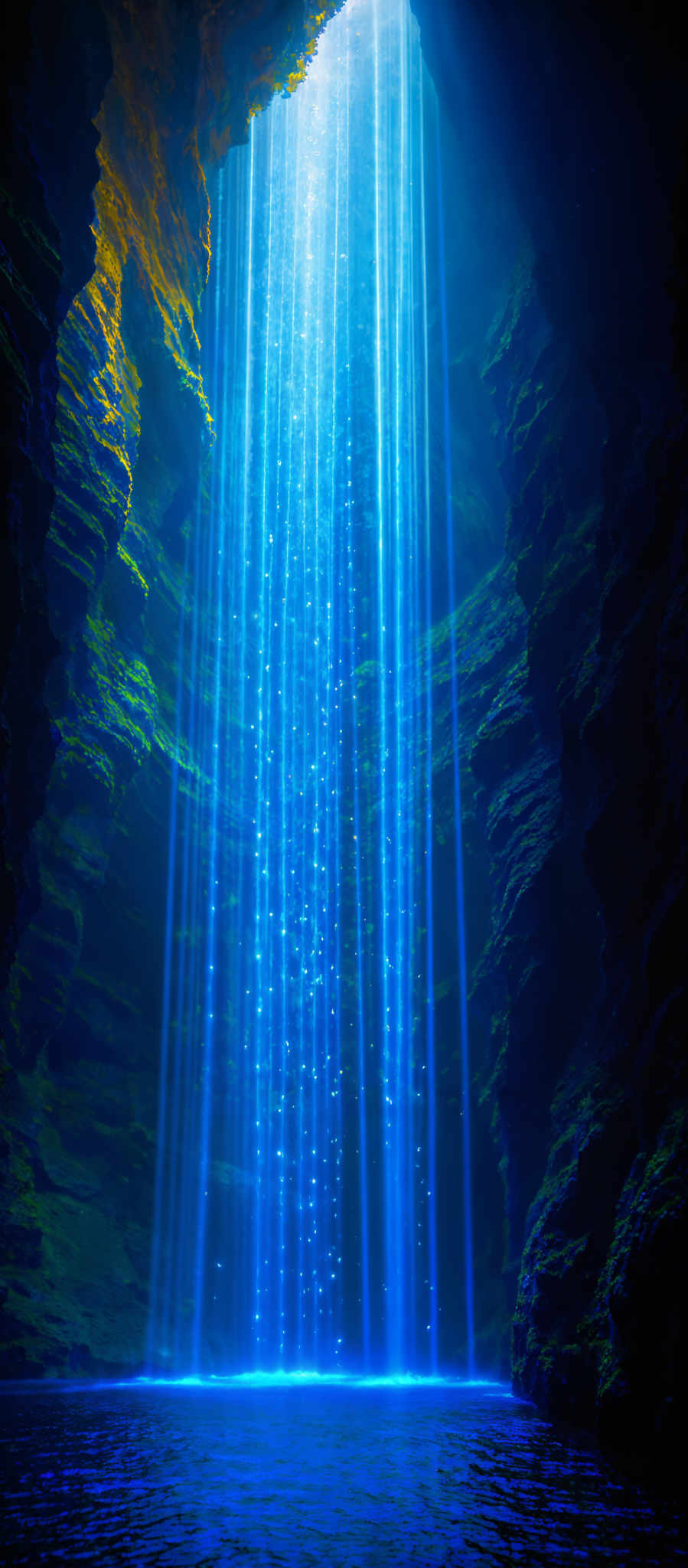 The image showcases a mesmerizing scene of a waterfall cascading down from an opening in a cave. The waterfall is illuminated by a radiant blue light, creating a shimmering effect. The cave walls are rugged and have varying shades of brown and green, indicating the presence of moss and other vegetation. The bottom of the image reveals a serene body of water, reflecting the light from the waterfall and the cave's interior.