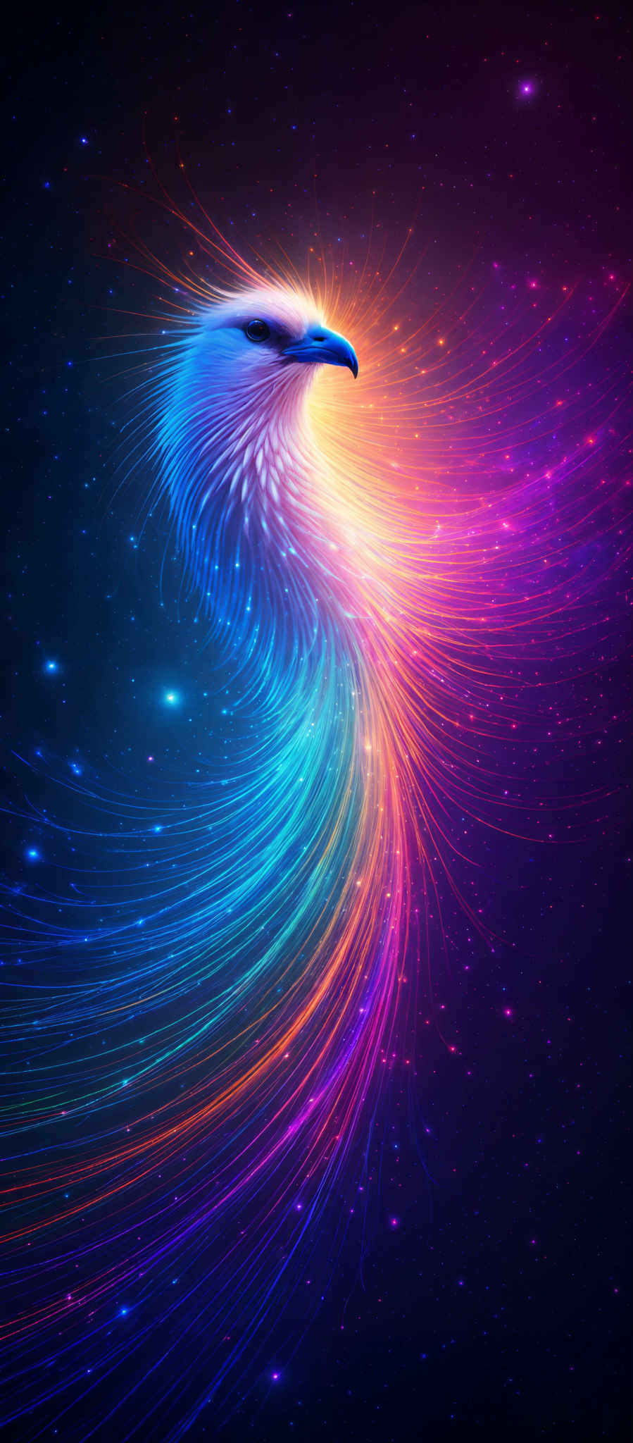 The image showcases a vibrant and mesmerizing depiction of a bird, possibly an eagle or hawk, with its feathers radiating a spectrum of colors. The bird's head is predominantly blue, transitioning into a vivid mix of purples, pinks, and oranges as it extends down its body. The background is a deep space setting with a multitude of stars, and the bird' s feathers seem to be made of a luminous, ethereal material that glows in harmony with the colors of the cosmos.