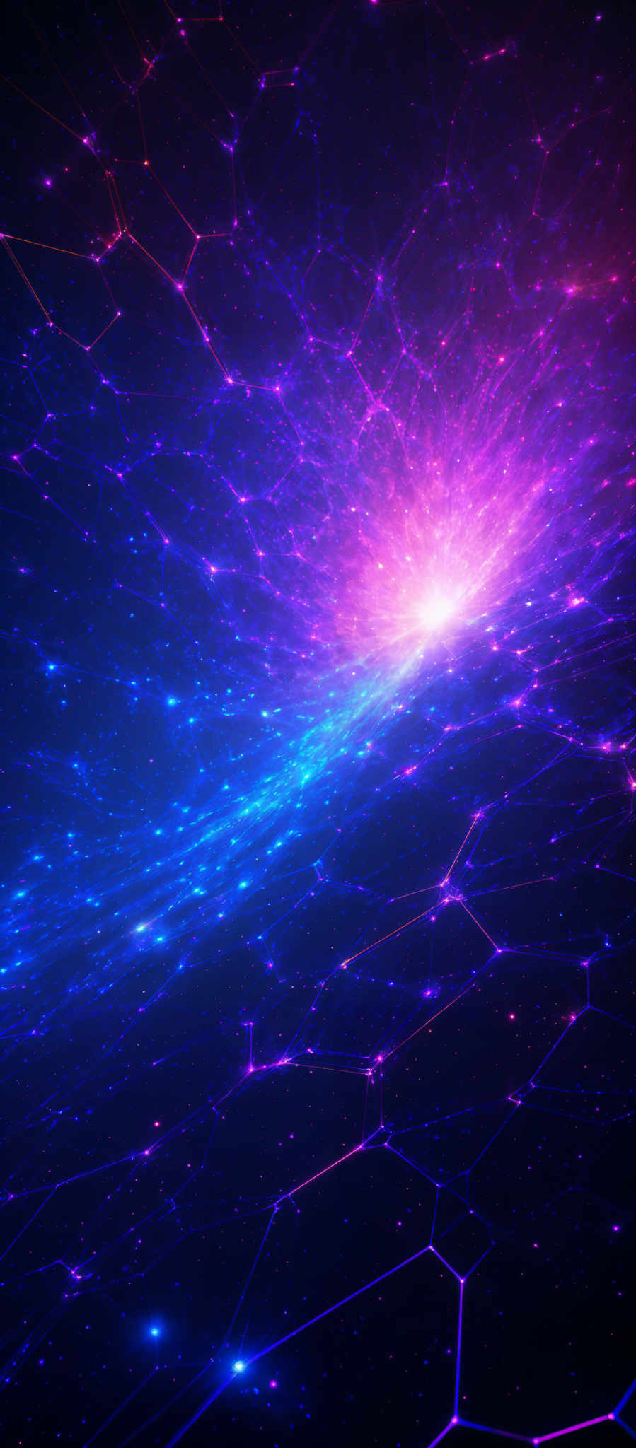 The image showcases a vibrant and mesmerizing cosmic scene. It predominantly features deep purples and blues, interspersed with bright pinks and whites. The central part of the image is dominated by a radiant burst of light, emanating a pinkish glow. This light seems to be the focal point, drawing the viewer's attention. Surrounding this burst are intricate networks of lines and dots, resembling constellations or a digital mesh. These lines and points are connected, forming a complex web that extends throughout the image, giving it a sense of depth and vastness.