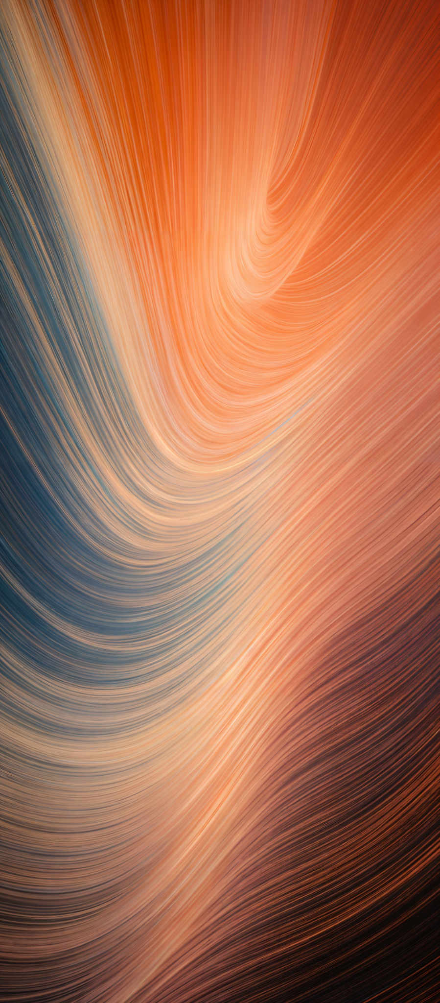 The image showcases a vibrant and dynamic swirl of colors. The predominant colors are shades of orange, blue, and black. The swirls are fluid and flowing, reminiscent of a whirlpool or a vortex. The orange and blue hues transition seamlessly into each other, creating a visually captivating effect. The black serves as a contrasting backdrop, accentuating the vibrancy of the colors.