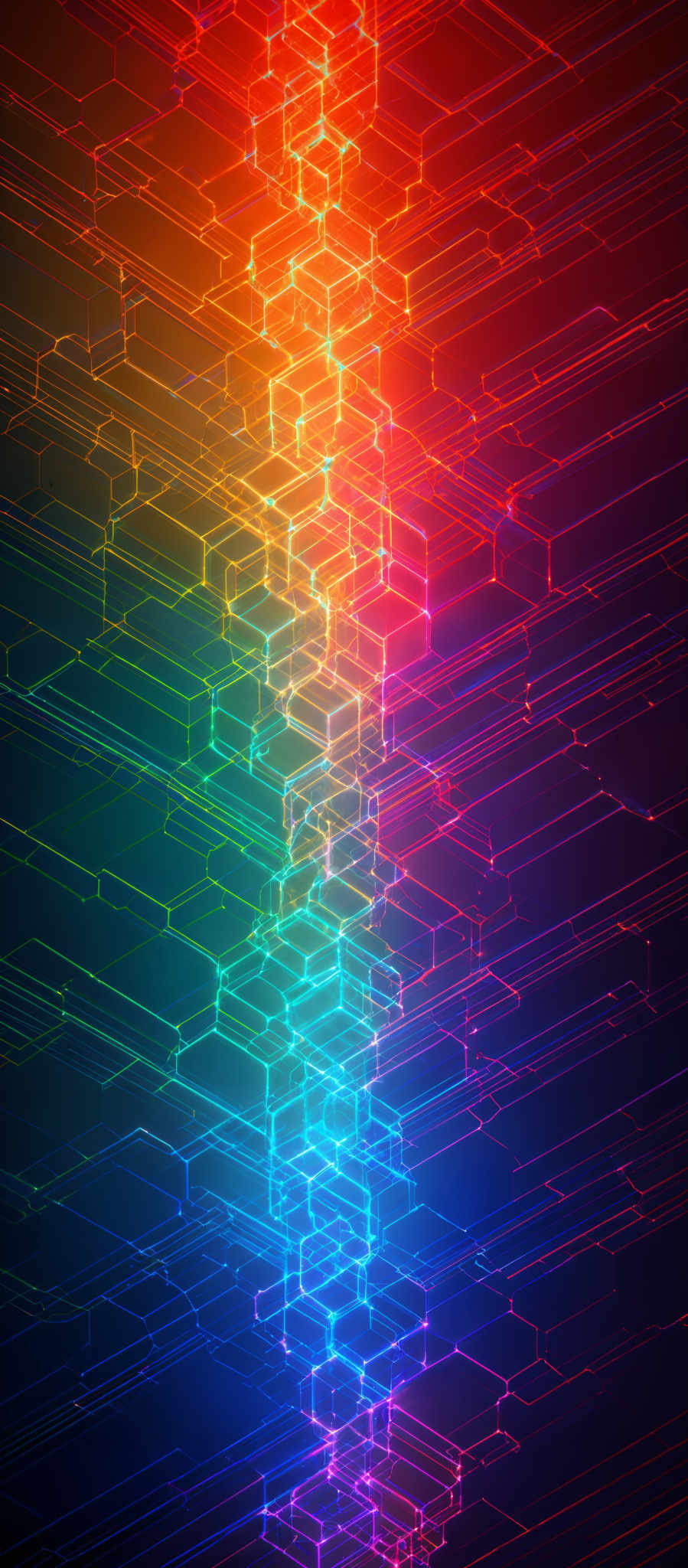 The image showcases a vibrant and colorful digital artwork. It features a series of interconnected hexagonal shapes that ascend vertically, creating a sense of depth and perspective. The colors transition from a deep blue at the top to a radiant orange at the bottom, with various shades of pink, purple, and green in between. The interconnected lines and glowing edges give the image a futuristic and dynamic feel, reminiscent of digital networks or data visualization.