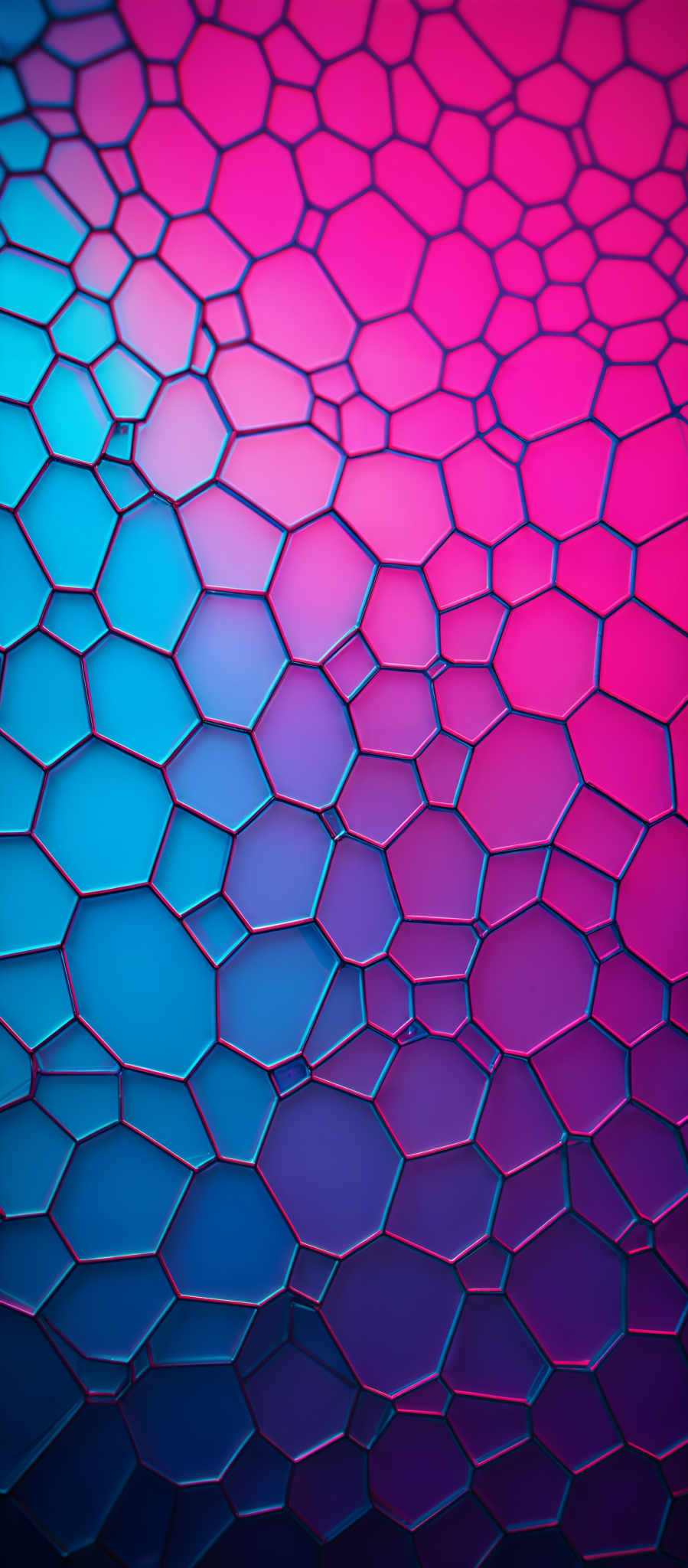 The image showcases a series of interconnected hexagonal shapes forming a mosaic pattern. The colors transition from a deep blue at the top to a vibrant pink at the bottom. The hexagons are outlined in a sharp black, creating a stark contrast against the gradient background. The overall design gives a sense of depth and dimension, reminiscent of crystalline structures or cellular patterns.