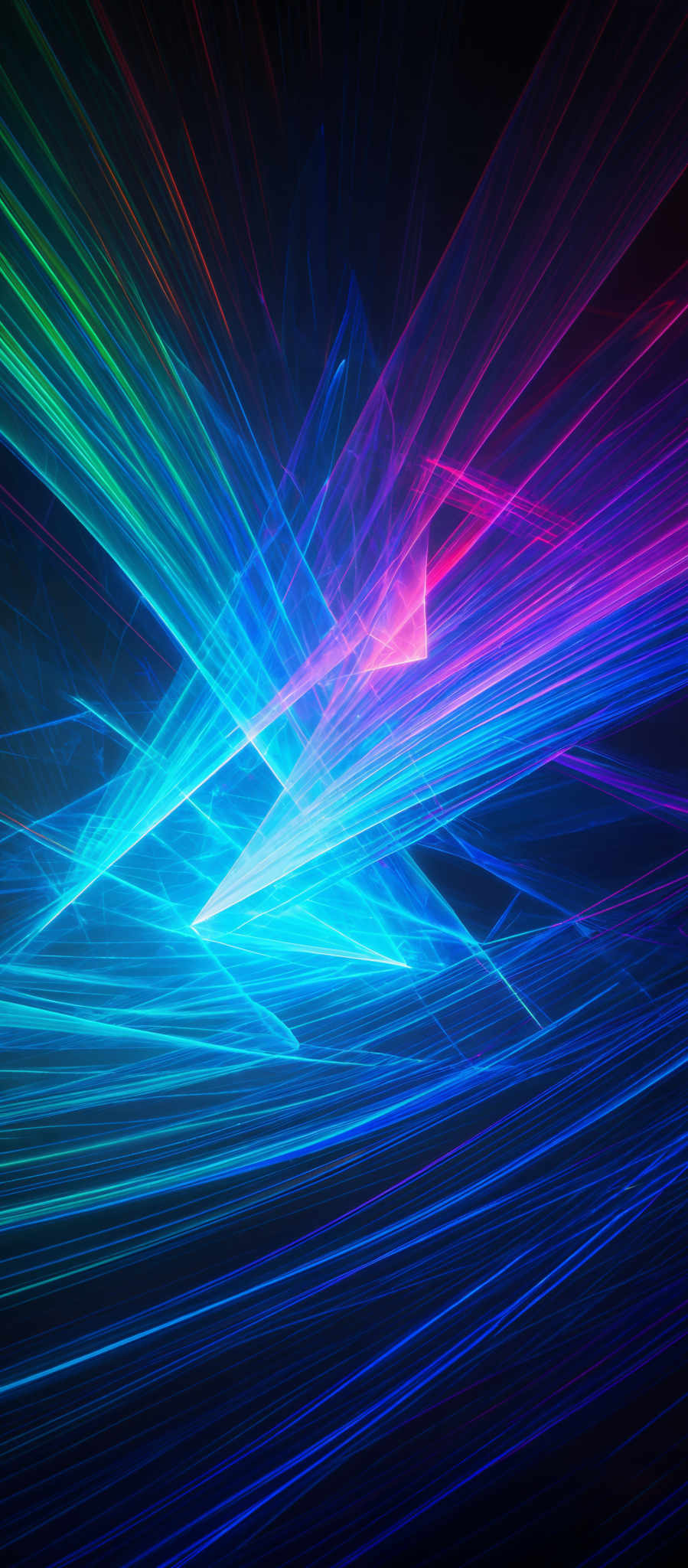 The image showcases a vibrant and dynamic abstract pattern. It features a myriad of colors, including shades of blue, pink, green, and purple, that radiate outwards in a swirling manner. The shapes are primarily linear, with streaks and lines intertwining and overlapping, creating a sense of movement and energy. The overall effect is reminiscent of a cosmic or nebulous scene, with the colors and patterns giving an impression of light and energy emanating from a central point.