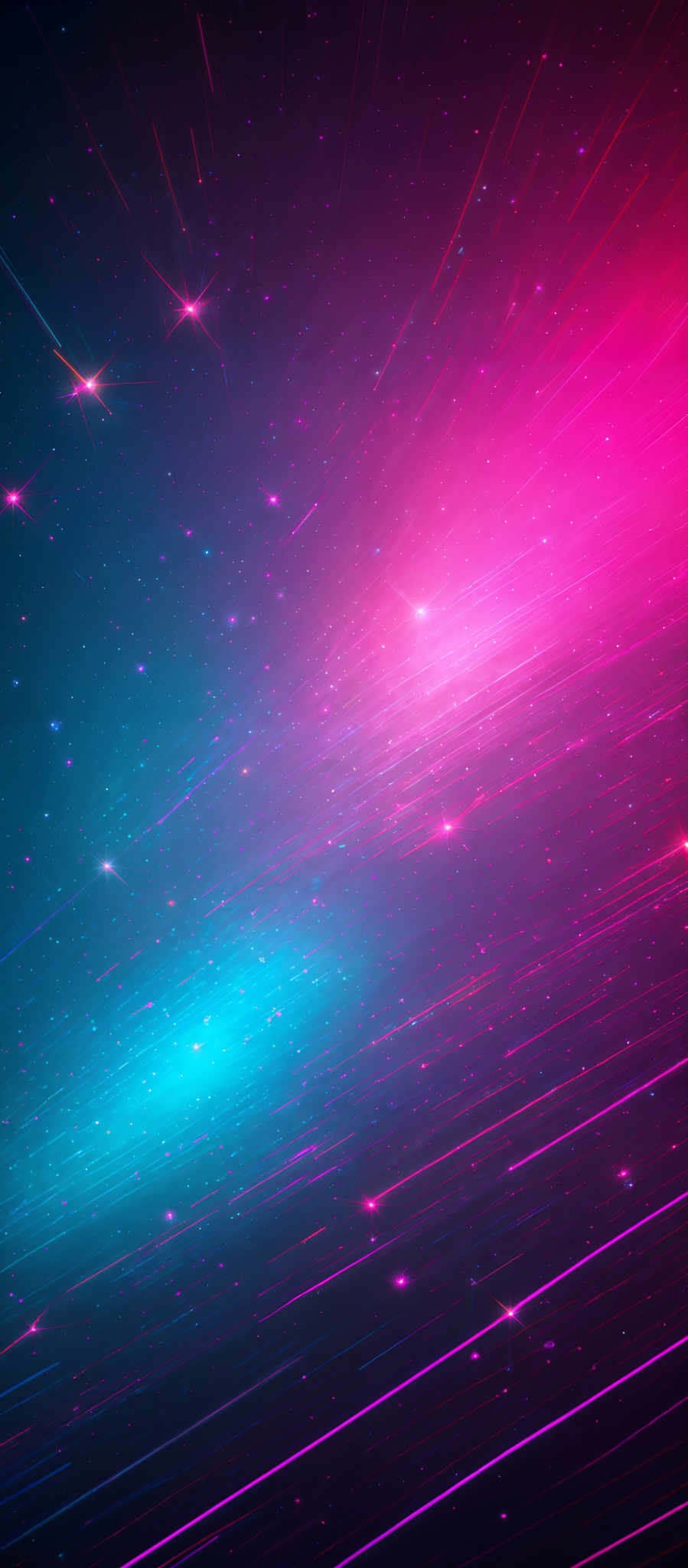 The image showcases a vibrant and mesmerizing cosmic scene. It predominantly features hues of pink, blue, and purple. The background is filled with numerous stars, creating a sense of depth and vastness. There are streaks of light, possibly representing shooting stars or comets, that radiate outwards from the center. The overall composition gives an impression of a dynamic and lively galaxy or nebula.