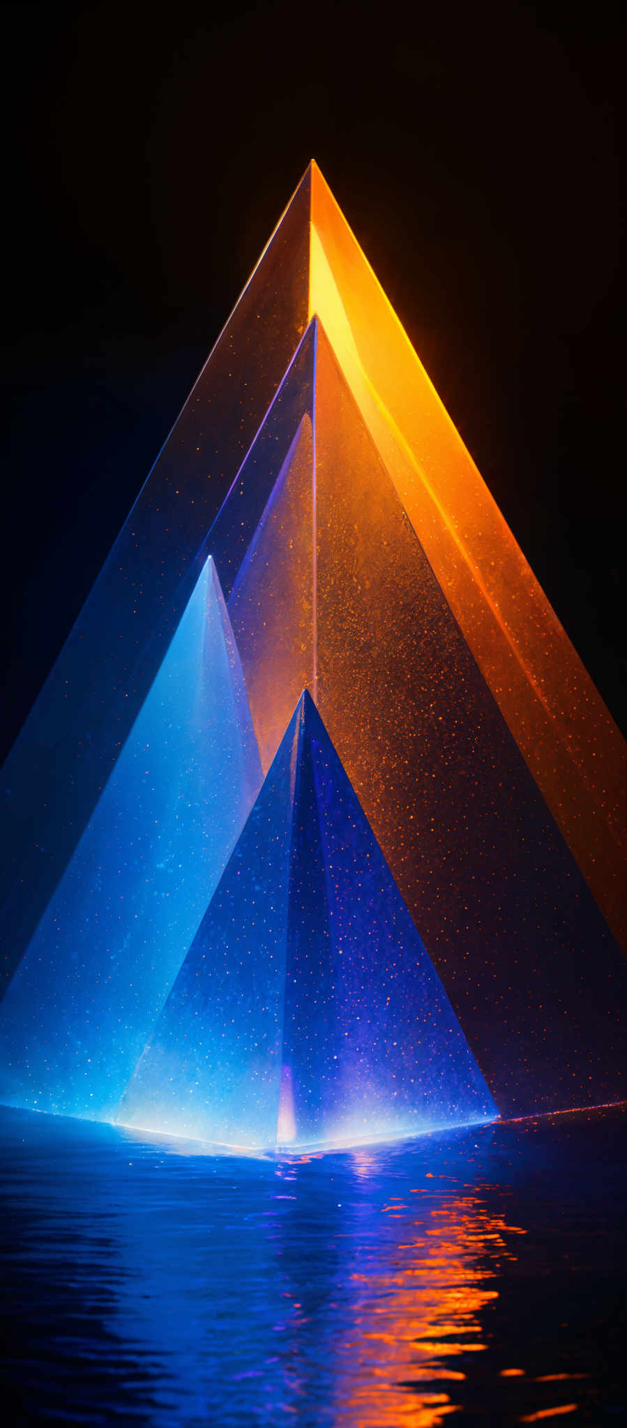 The image showcases a three-dimensional pyramid structure. The pyramids are illuminated with vibrant colors: the topmost pyramide is glowing in a warm orange hue, while the two pyramides below it are bathed in a cool blue light. The entire structure is surrounded by a serene body of water, reflecting the colors of the pyramads. The water's surface has ripples, suggesting a gentle movement. The background is dark, emphasizing the luminosity of the structures.