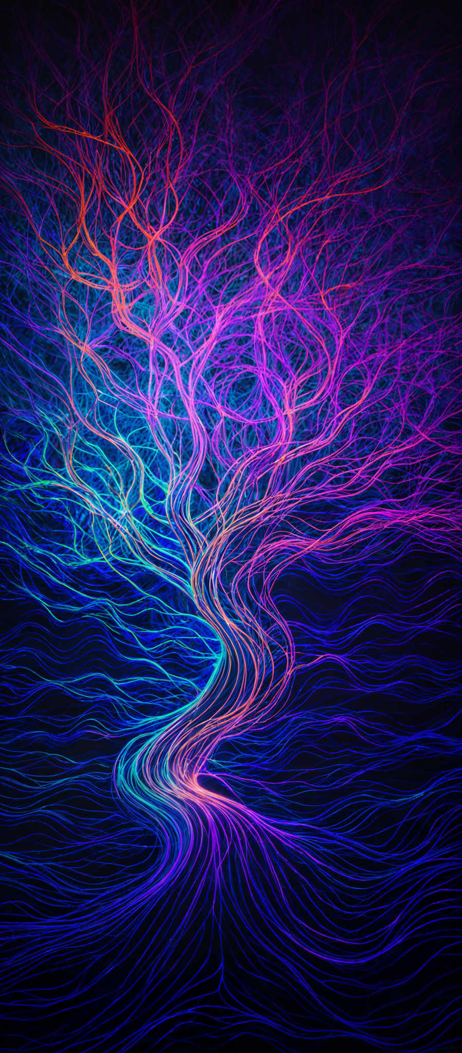 The image showcases a vibrant and intricate pattern of intertwined lines and tendrils. These tendrills are illuminated in a spectrum of colors, including deep blues, vibrants purples, fiery oranges, and radiant pinks. The overall shape resembles a tree or a network of roots and branches, with the tendrill patterns swirling and intertwining, giving an impression of movement and energy.