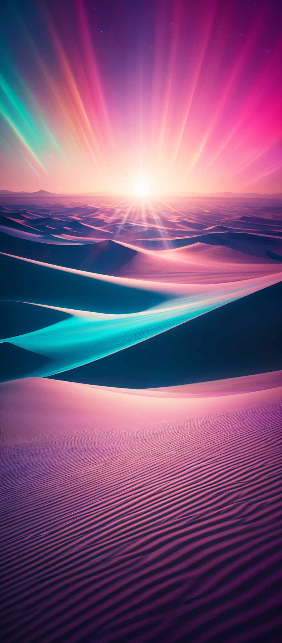 The image showcases a vast desert landscape with undulating sand dunes. The dunes have a smooth texture with ripples, possibly caused by the wind. The color palette is dominated by shades of purple, pink, and blue, creating a surreal and dreamy atmosphere. Above the dunes, there's a radiant display of colors, reminiscent of a sunset or sunrise, with streaks of green, pinks, and purples. The sky is clear, allowing the colors to shine brightly.