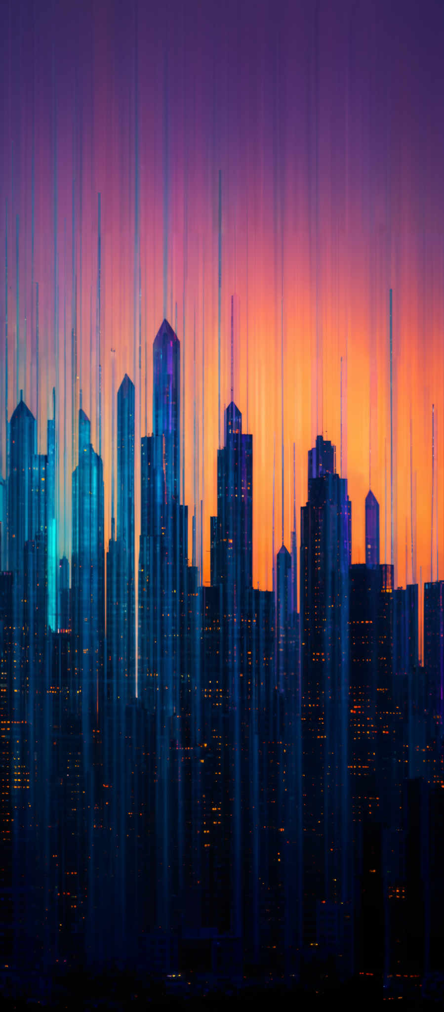 The image showcases a cityscape during what appears to be dusk or dawn. The skyline is dominated by tall skyscrapers, each varying in height and design. The buildings are illuminated with a myriad of colors, predominantly shades of blue, purple, and orange. These colors create a vibrant contrast against the darkening sky. The vertical streaks, possibly representing digital data or light reflections, add a futuristic touch to the scene. The overall ambiance is both serene and bustling, capturing the essence of a city that never sleeps.