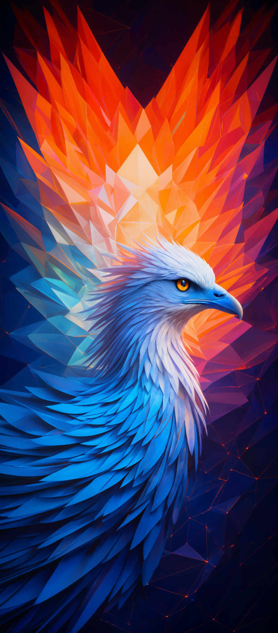 The image showcases a vibrant and intricate depiction of a bird, possibly an eagle or a hawk, with a striking blue and white feathered appearance. The bird's eyes are a piercing yellow. The background is composed of geometric, faceted shapes in a myriad of colors, predominantly red, orange, and blue, creating an effect reminiscent of a crystalline structure or a vivid sunset. The combination of the bird' s detailed features and the abstract geometric background creates a visually captivating contrast.