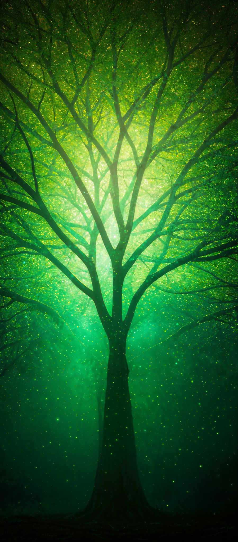 The image showcases a large, majestic tree with sprawling branches. The tree is predominantly green, with its leaves shimmering in various shades of green, giving an impression of a lush, dense canopy. The background is a deep shade of green with specks of light, possibly representing fireflies or stars. The overall ambiance of the image is mystical and serene, evoking feelings of wonder and tranquility.