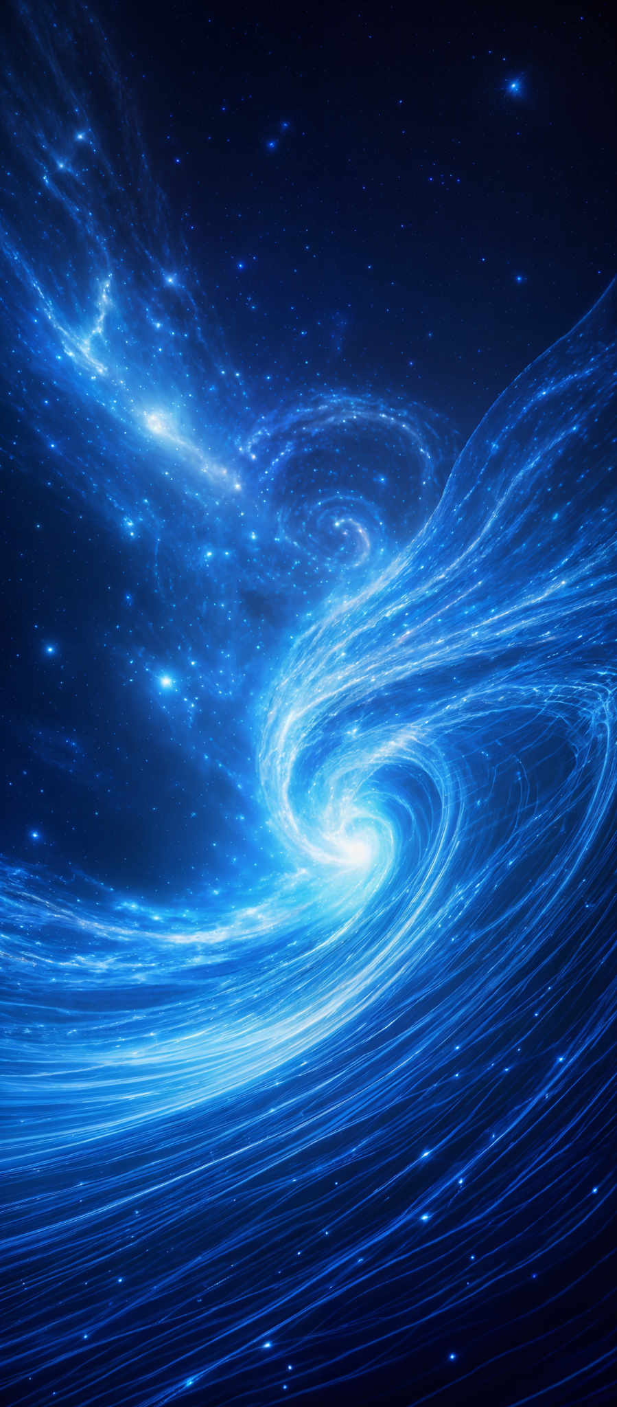 The image showcases a mesmerizing cosmic scene. It predominantly features a deep blue hue, representing the vastness of space. Swirling patterns of luminous blue lines and streaks, resembling galaxies or nebulae, dominate the center. These patterns give an impression of dynamic movement, as if the celestial bodies are in motion. The background is dotted with numerous bright white stars, adding to the ethereal beauty of the scene.