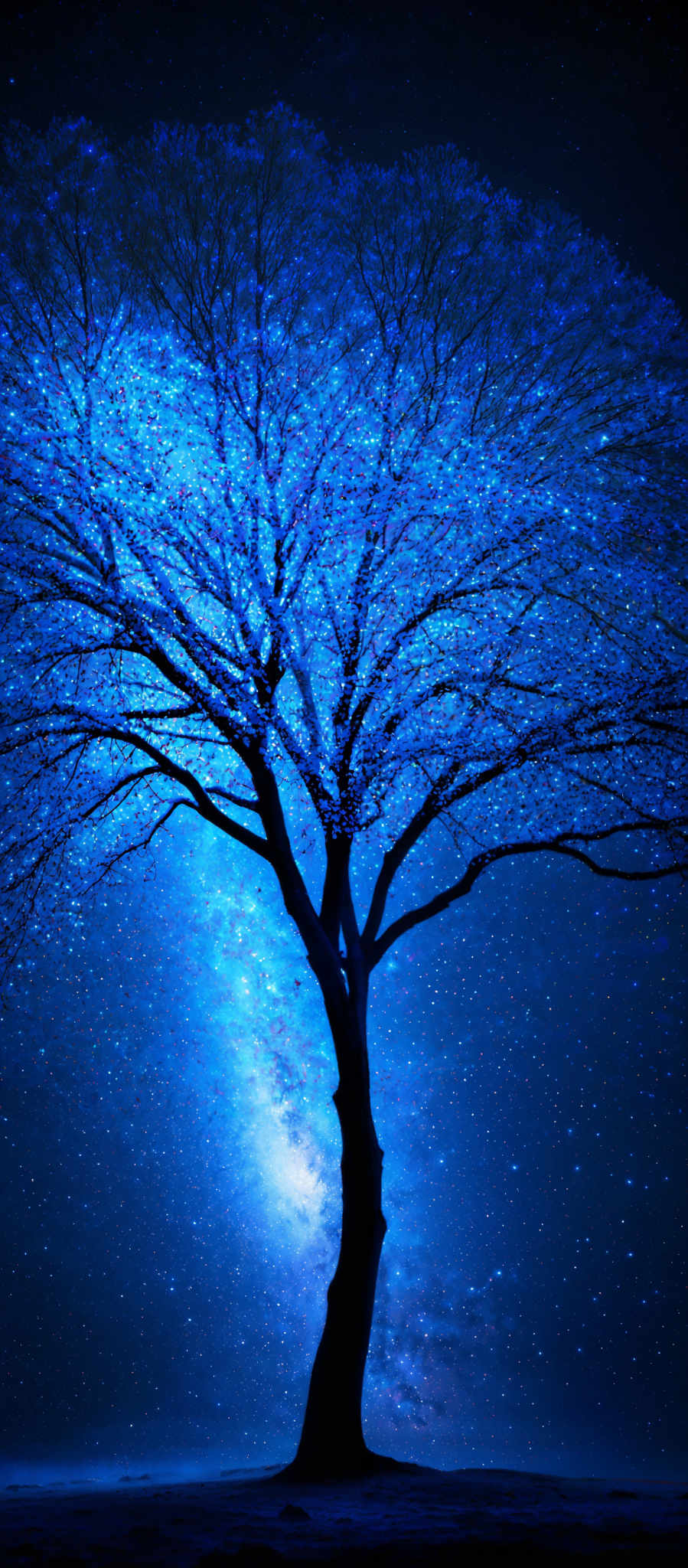 The image showcases a tree with a silhouette against a starry night sky. The tree is tall and has a broad canopy filled with blue-hued leaves that glow, giving the appearance of a radiant, ethereal tree. The background is dominated by a deep blue night sky dotted with numerous stars, and there's a hint of a galaxy or nebula, adding to the cosmic ambiance. The ground beneath the tree appears to be covered in snow or frost, reflecting the tree's glow.