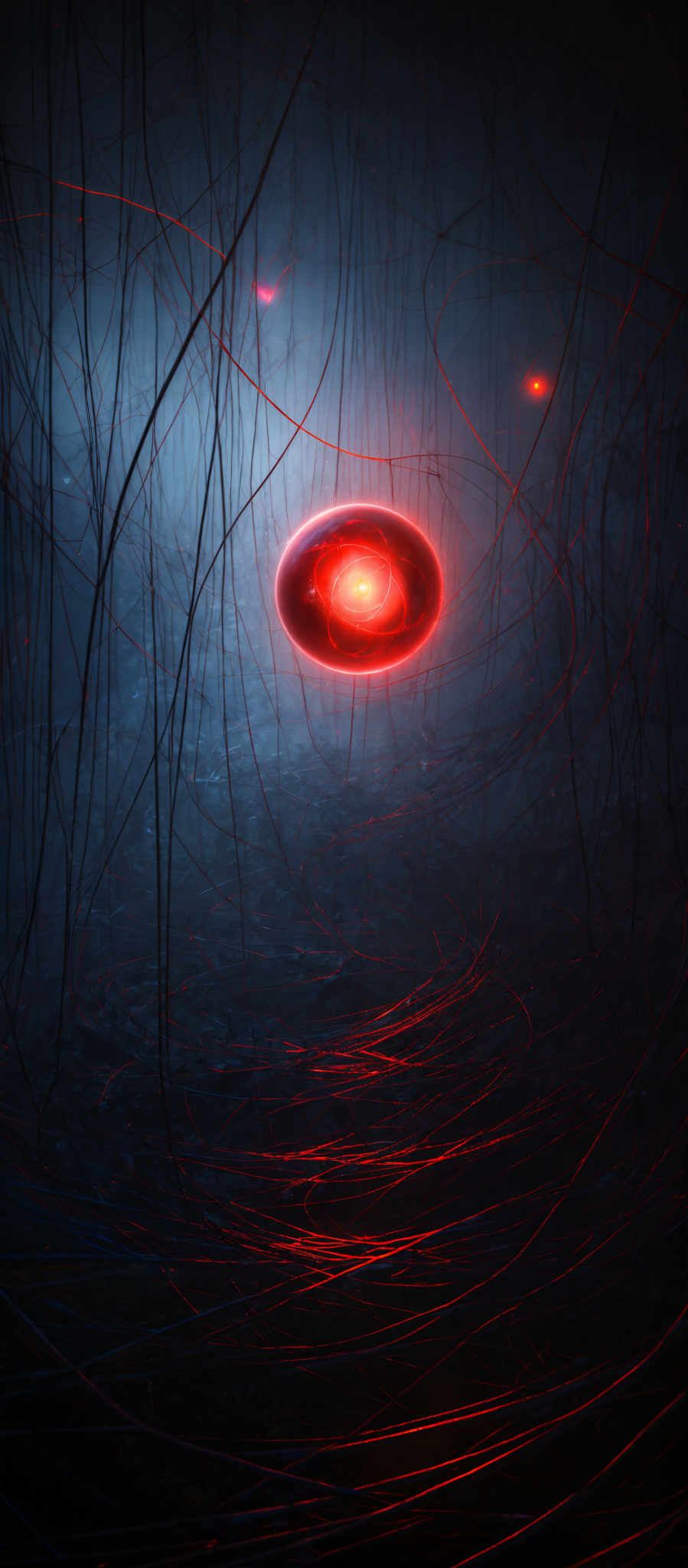 The image predominantly features a dark, almost black background with intricate, glowing red tendrils or strands that seem to be emanating from a central point. There are also several smaller, ghostly red orbs scattered throughout the scene. The central point emits a bright, fiery red glow, almost resembling a swirling vortex or a celestial body. The overall ambiance of the image is mysterious and otherworldly.