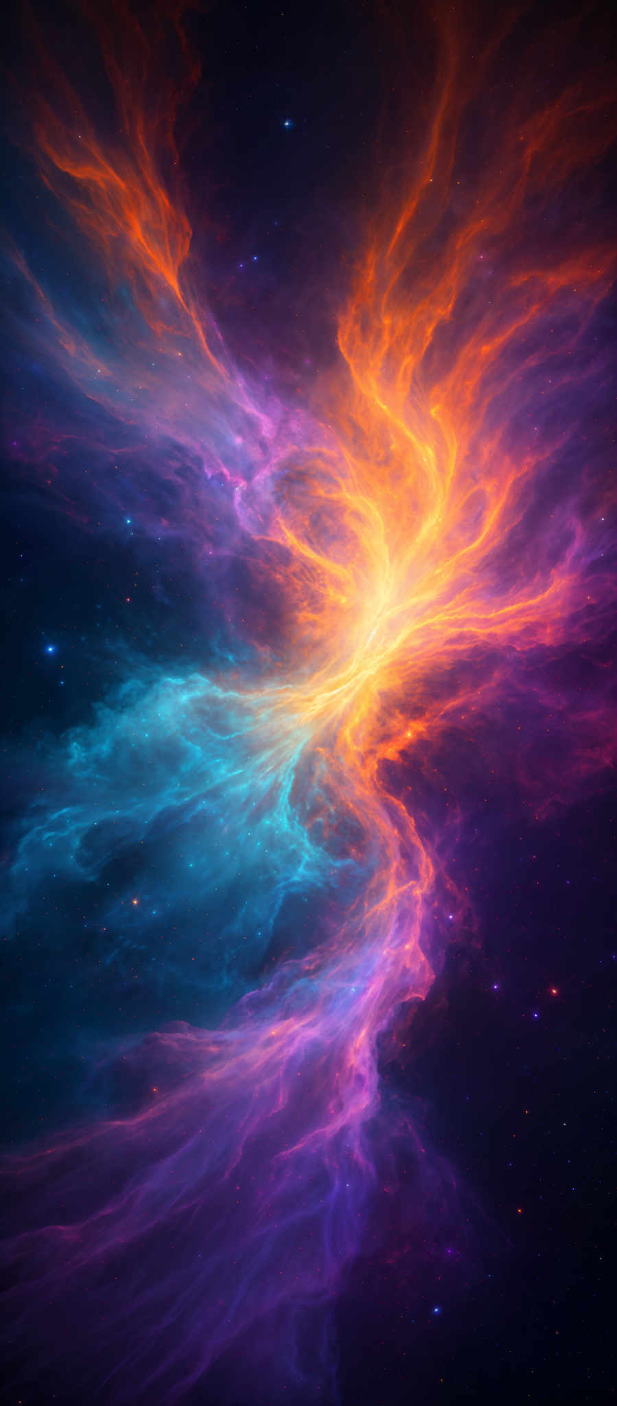 The image showcases a vibrant cosmic scene with swirling nebulae in hues of blue, purple, orange, and red. The nebular formations appear as ethereal gas clouds illuminated by an unknown light source, creating mesmerizing patterns and structures. The deep space background is dotted with distant stars, adding depth and dimension to the scene.