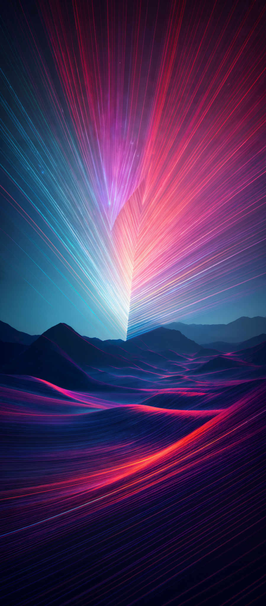 The image showcases vibrant colors ranging from deep blues to fiery reds and oranges. The dominant shape is a triangular prism that emits a radiant beam of light, which seems to be moving upwards. This beam is surrounded by streaks of colorful lines that give the impression of motion or energy. Below the prism, there are undulating hills or mountains, bathed in a mix of the colors from the prisms and the ambient light of the sky. The overall effect is both mesmerizing and dynamic, suggesting a blend of natural and supernatural elements.