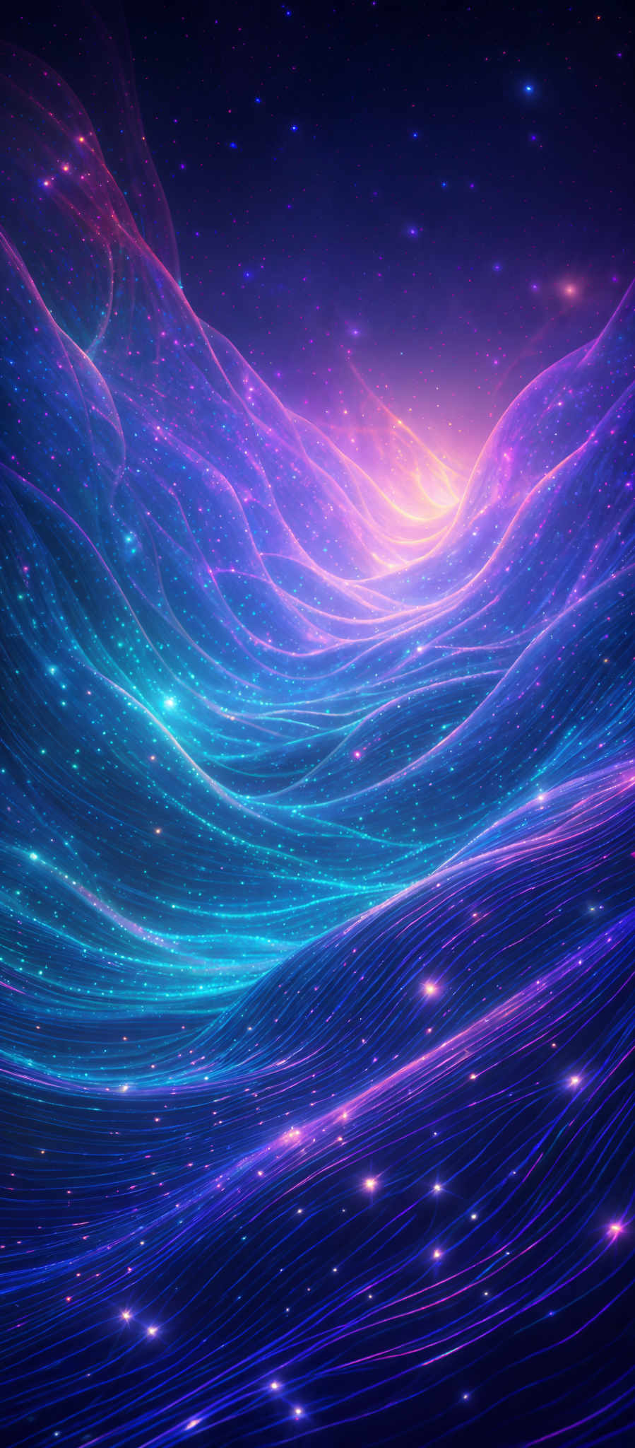 The image showcases a vibrant and mesmerizing cosmic scene. It features swirling patterns of vivid blue and purple hues, reminiscent of flowing waves or glowing nebulae. These patterns are interspersed with bright dots, possibly representing distant stars or other celestial bodies. The background is a deep, dark space dotted with more stars, creating a sense of vastness and depth.