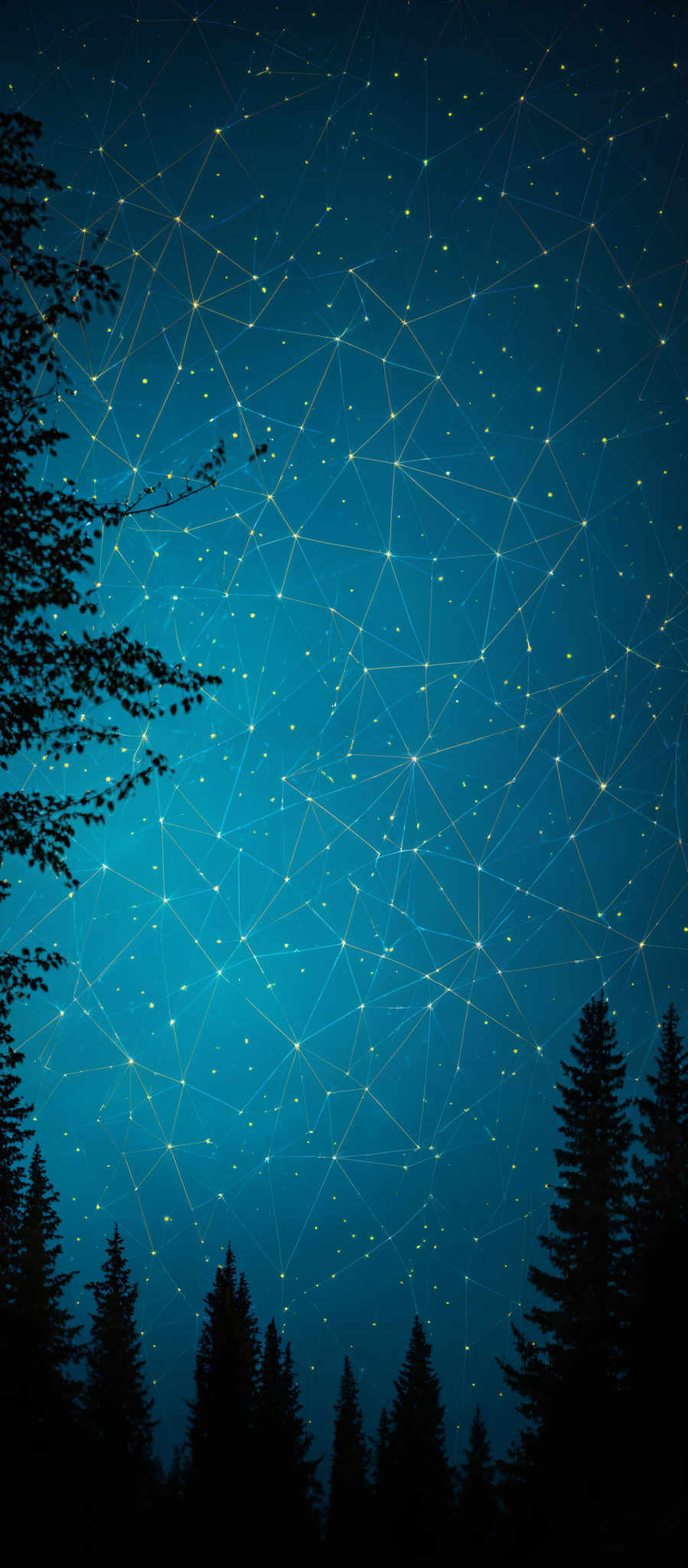 The image showcases a night sky filled with a plethora of stars, forming a constellation-like pattern. These stars are connected by lines, creating a network of triangles and polygons. The color palette is dominated by shades of blue, with the brighter stars appearing as yellow dots. At the bottom of the image, there's a silhouette of a forest with tall trees, possibly pines or firs, set against the backdrop of the starry sky.