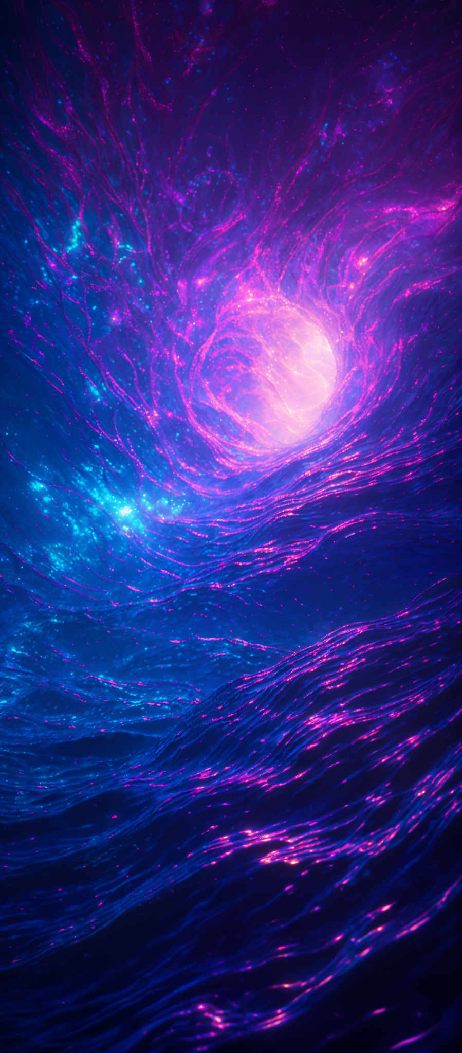 The image showcases a vibrant and mesmerizing cosmic scene. Dominated by hues of purple, blue, and pink, the image depicts swirling patterns that resemble galaxies or nebulae. The swirls are intricate, with bright, glowing dots scattered throughout, suggesting stars or distant galaxies. The bottom of the image has a wavy pattern, reminiscent of flowing water or waves, which adds depth and movement to the scene.